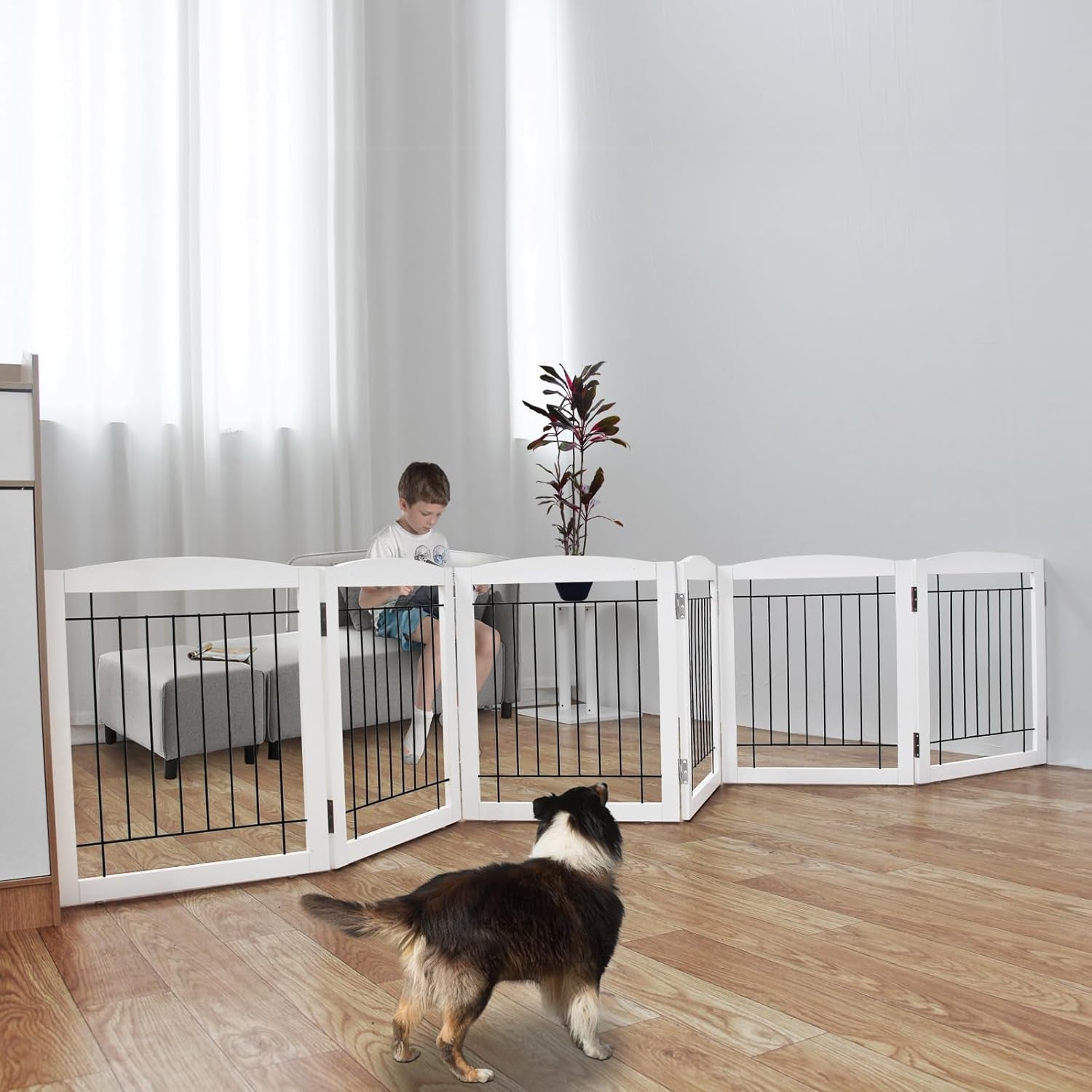Freestanding Foldable Dog Gate - Extra Wide 3 Panel Wooden Pet Gate for Indoor Use, Tall Puppy Barrier for Doorways & Stairs