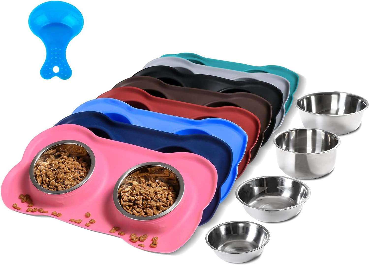 Hubulk 2 Stainless Steel Dog Bowls with Non-Skid Silicone Mat - Small, Pink, Includes Food Scoop