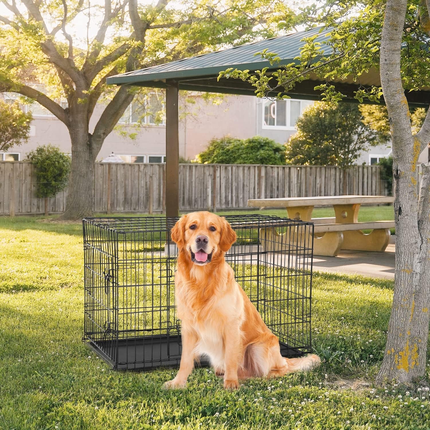 FDW Folding Metal Dog Crate with Double Door, Divider Panel & Leak-Proof Tray - Portable Kennel for Large Dogs,