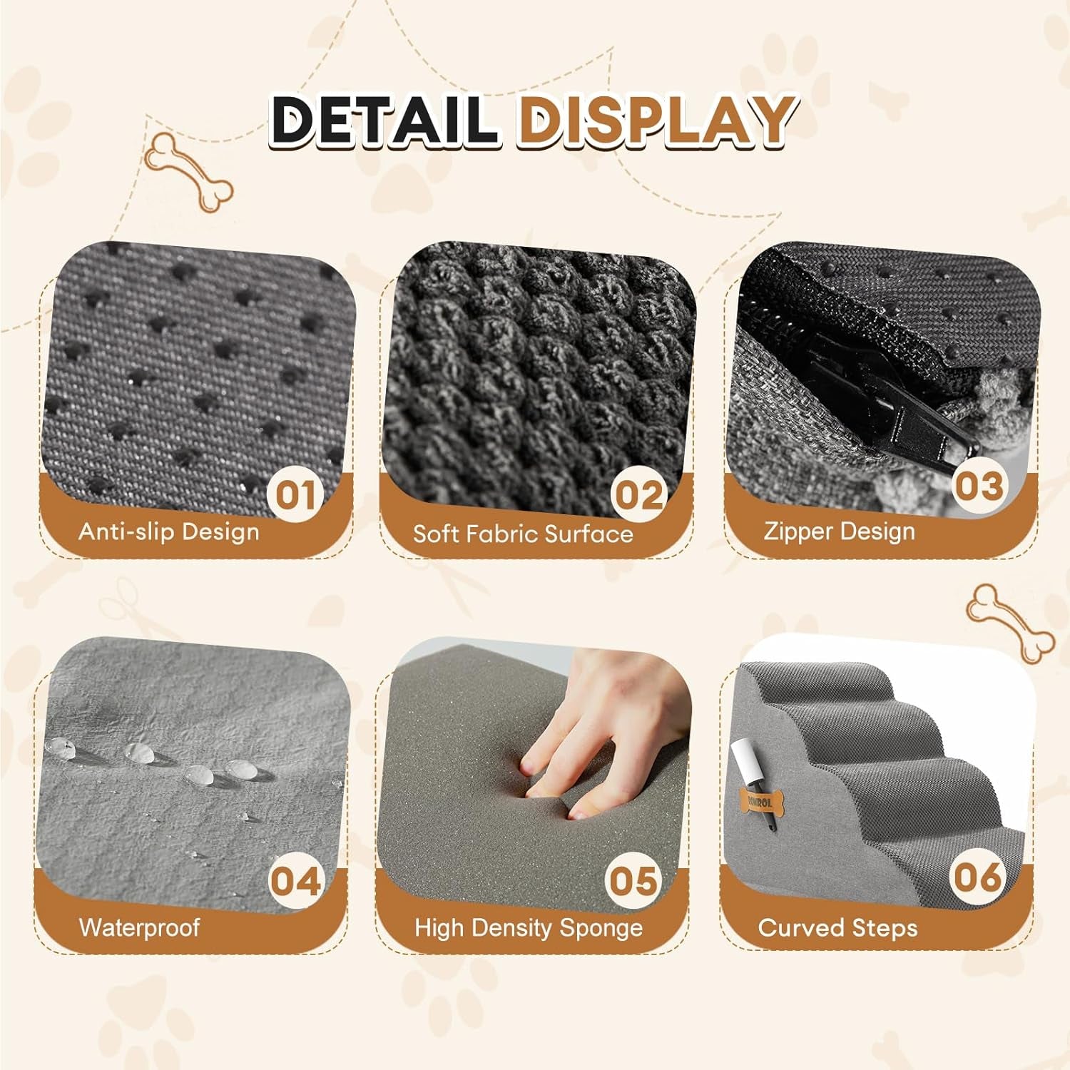 Romrol 4-Tier Dog Stairs: Non-Slip, Waterproof Fabric Cover, Ramp for Pets with Joint Issues, Grey