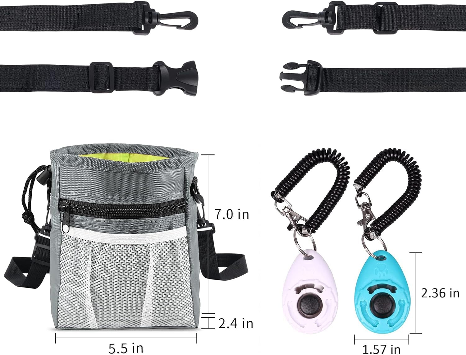 Left&Right Dog Training Kit - Treat Pouch with Clicker, Shoulder Strap, Poop Bag Dispenser, Grey