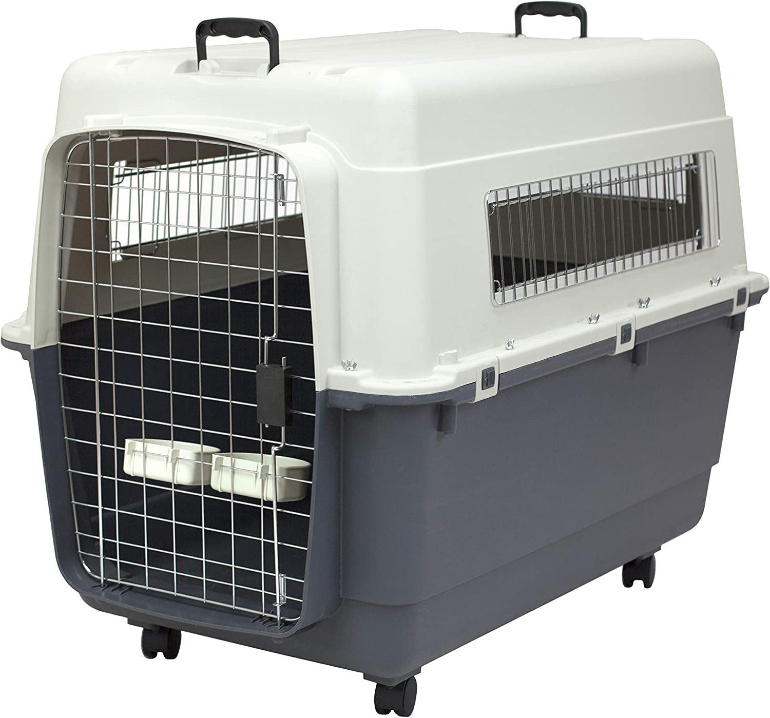 Sportpet Rolling Plastic Travel Dog Crate - Medium Gray Kennel with Wire Door, Portable & Durable, Perfect for Safe Pet Travel