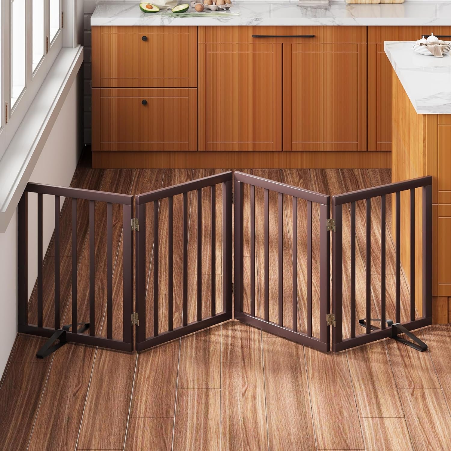 Wooden Foldable Dog Gate, Freestanding Multi-Panel Indoor Pet Gate, Extra Wide 24" Tall Dog Barrier