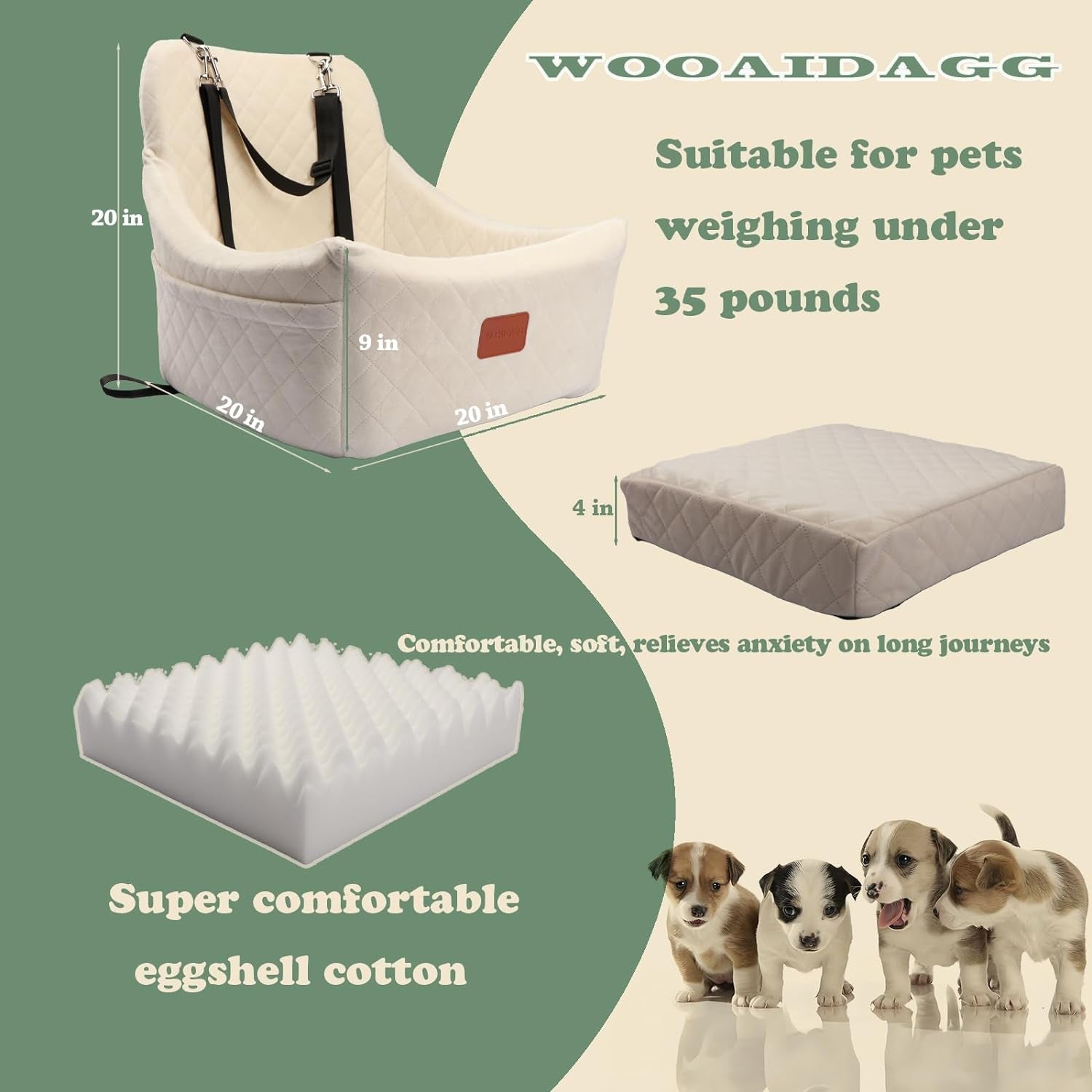 Dog Car Seat - Detachable & Washable Pet Travel Bed with Adjustable Straps, Easy to Install with 3 Seat Belts