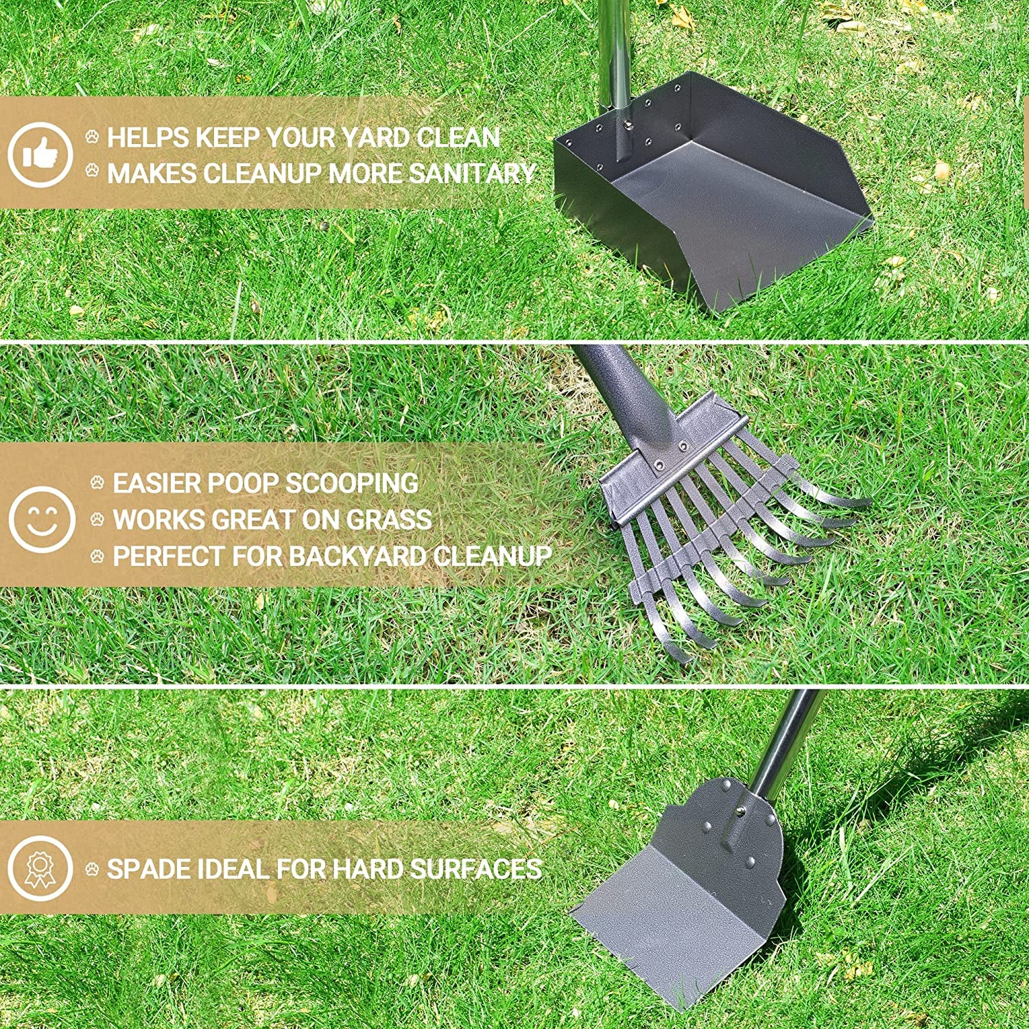 Pooper Scooper Set with Long Adjustable Handles, Dog Poop Tray & Rake, Durable Stainless Steel