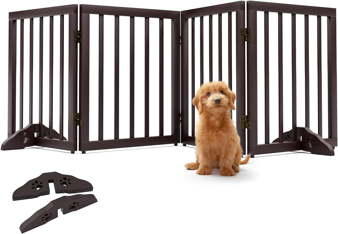 Wooden Foldable Dog Gate, Freestanding Multi-Panel Indoor Pet Gate, Extra Wide 24" Tall Dog Barrier