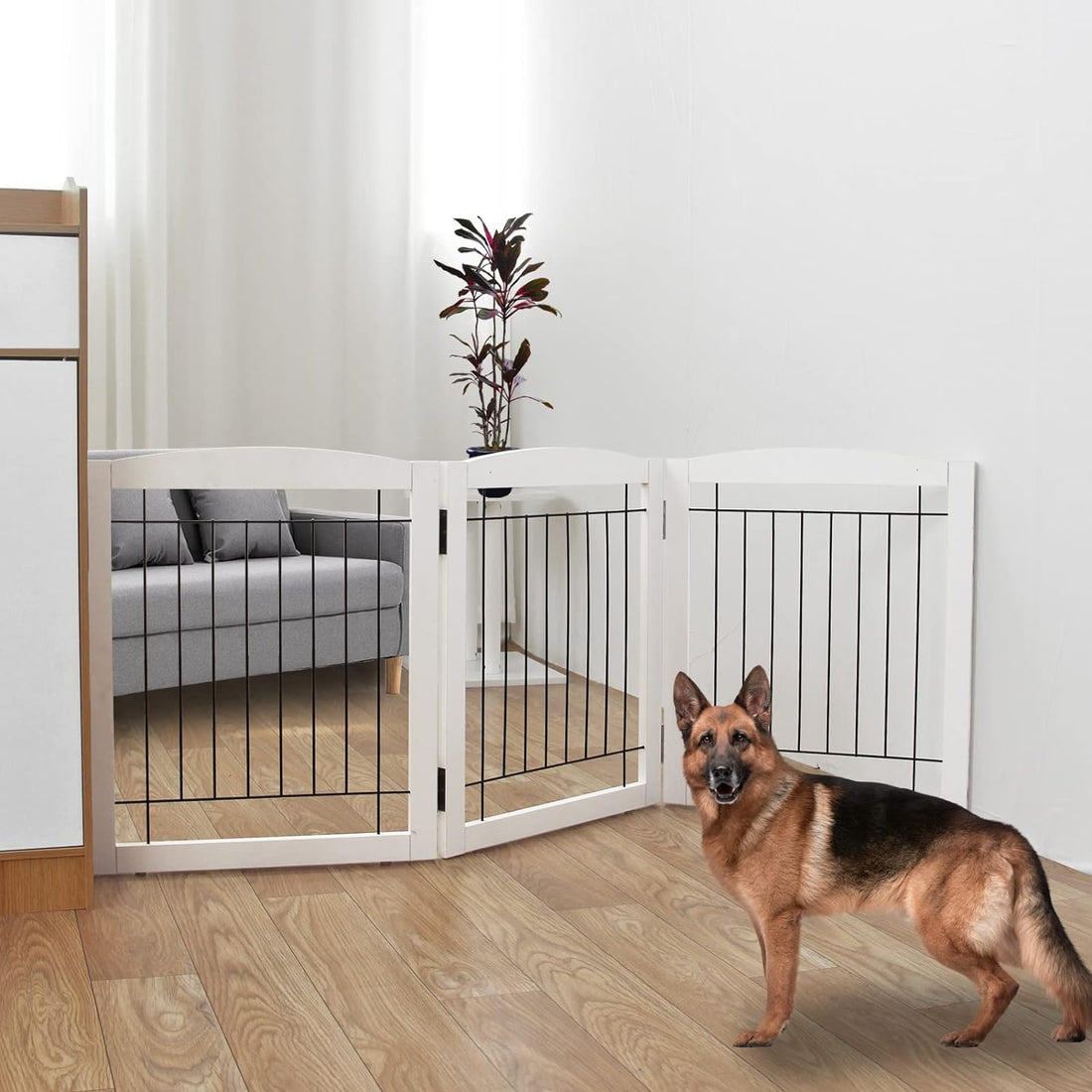 Freestanding Foldable Dog Gate - Extra Wide 3 Panel Wooden Pet Gate for Indoor Use, Tall Puppy Barrier for Doorways & Stairs