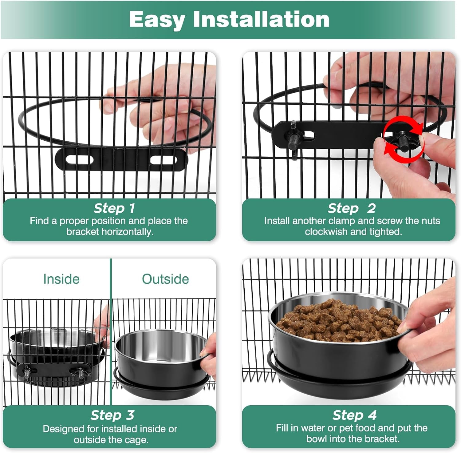 No-Spill Stainless Steel Dog Crate Bowls 2-Pack – Mountable Hanging Kennel Feeder Dishes for Water & Food