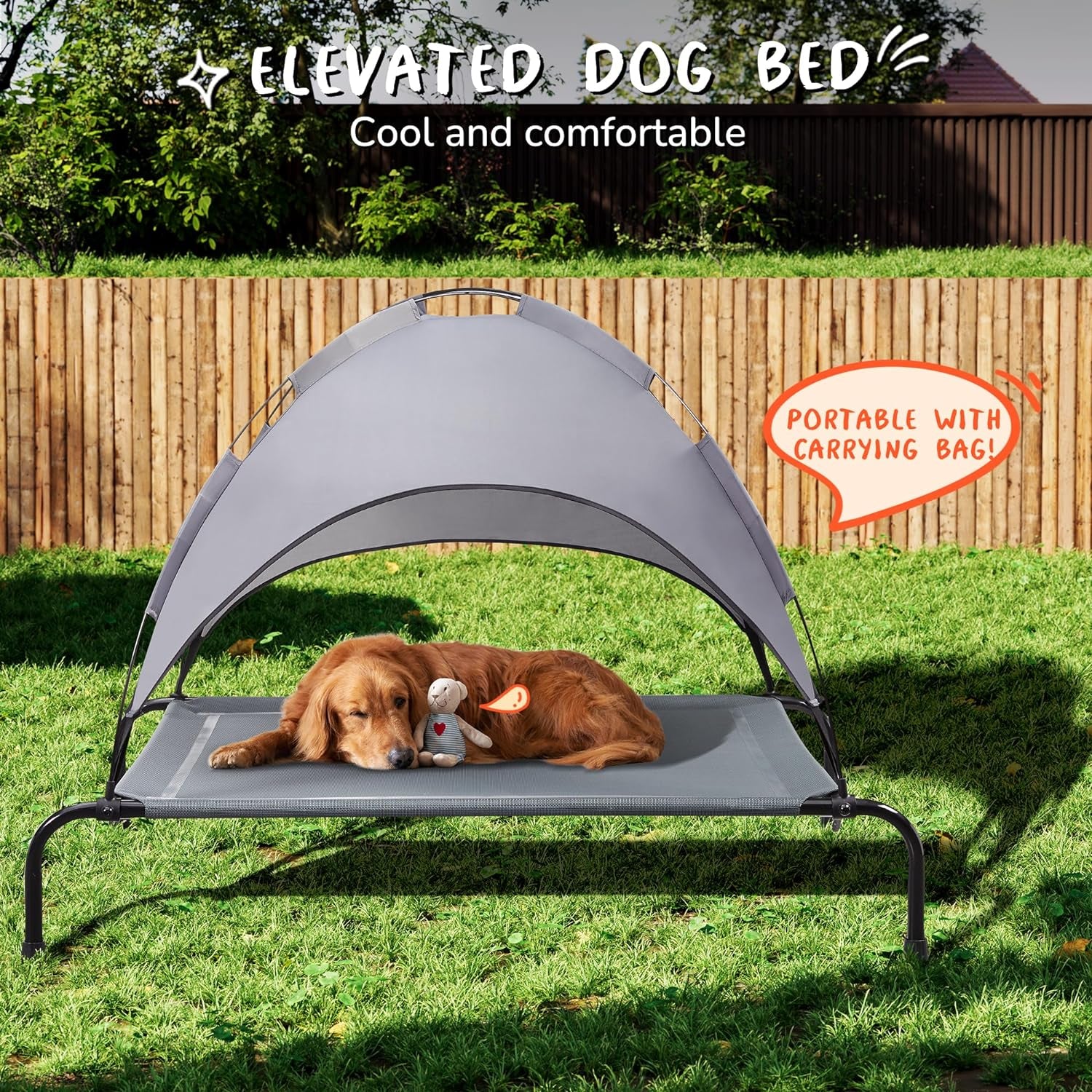 XL Outdoor Elevated Dog Bed with Canopy: Cooling, Portable, Dark Gray, Includes Carrying Bag