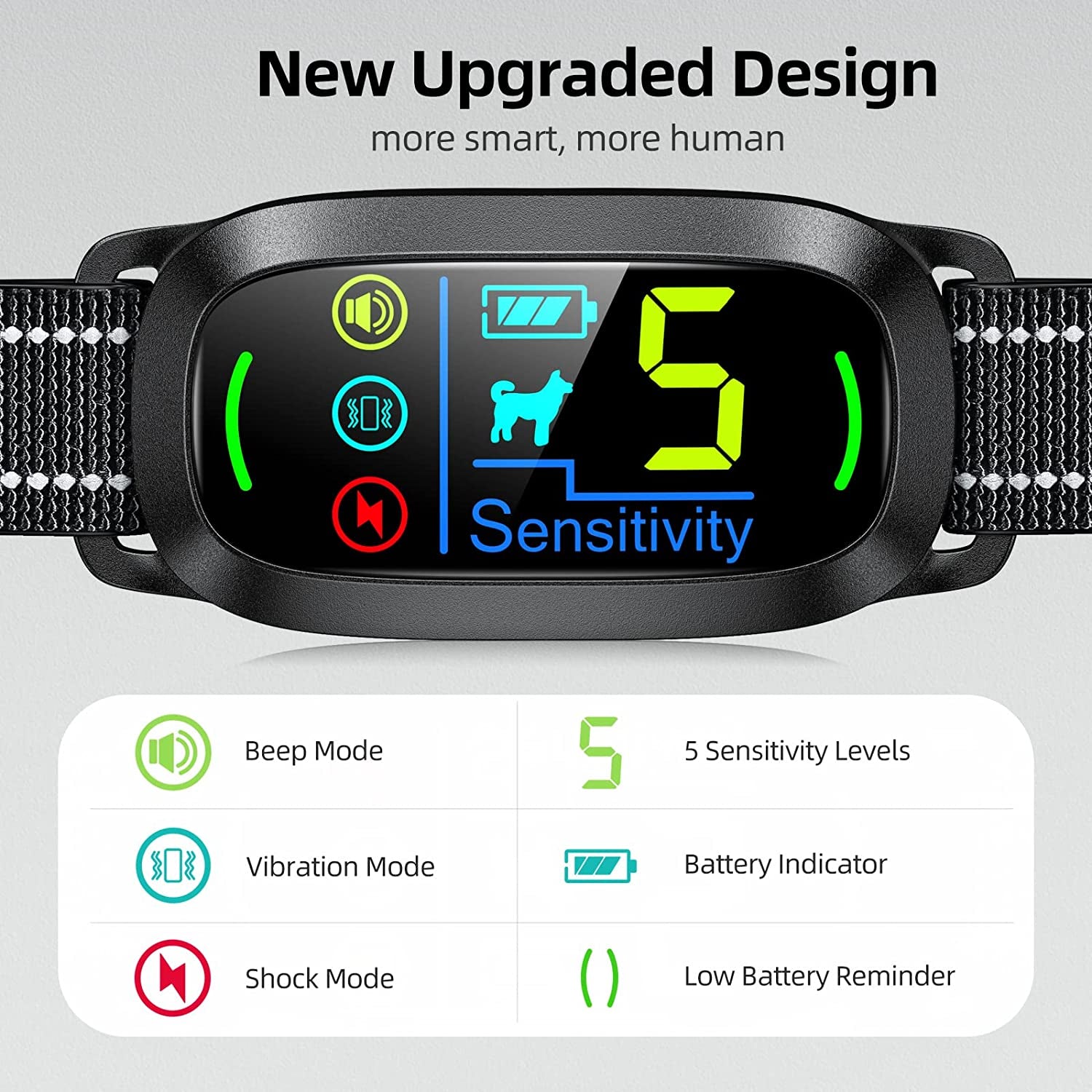 FAFAFROG Smart Dog Bark Collar, Rechargeable, 5-Level Sensitivity, Beep/Vibration/Shock