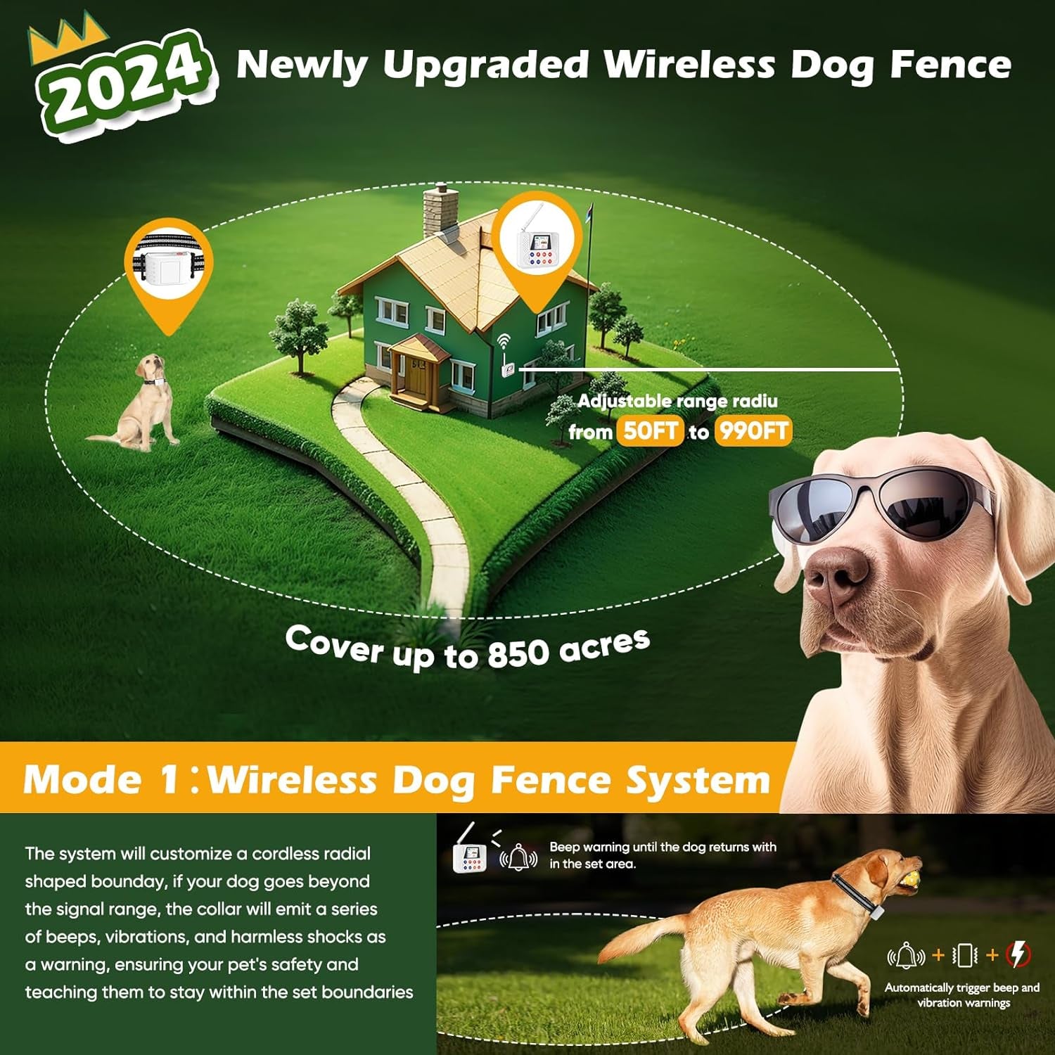 Wireless Electric Dog Fence System with Large LCD - Waterproof Collar, 2.4Ghz Antenna