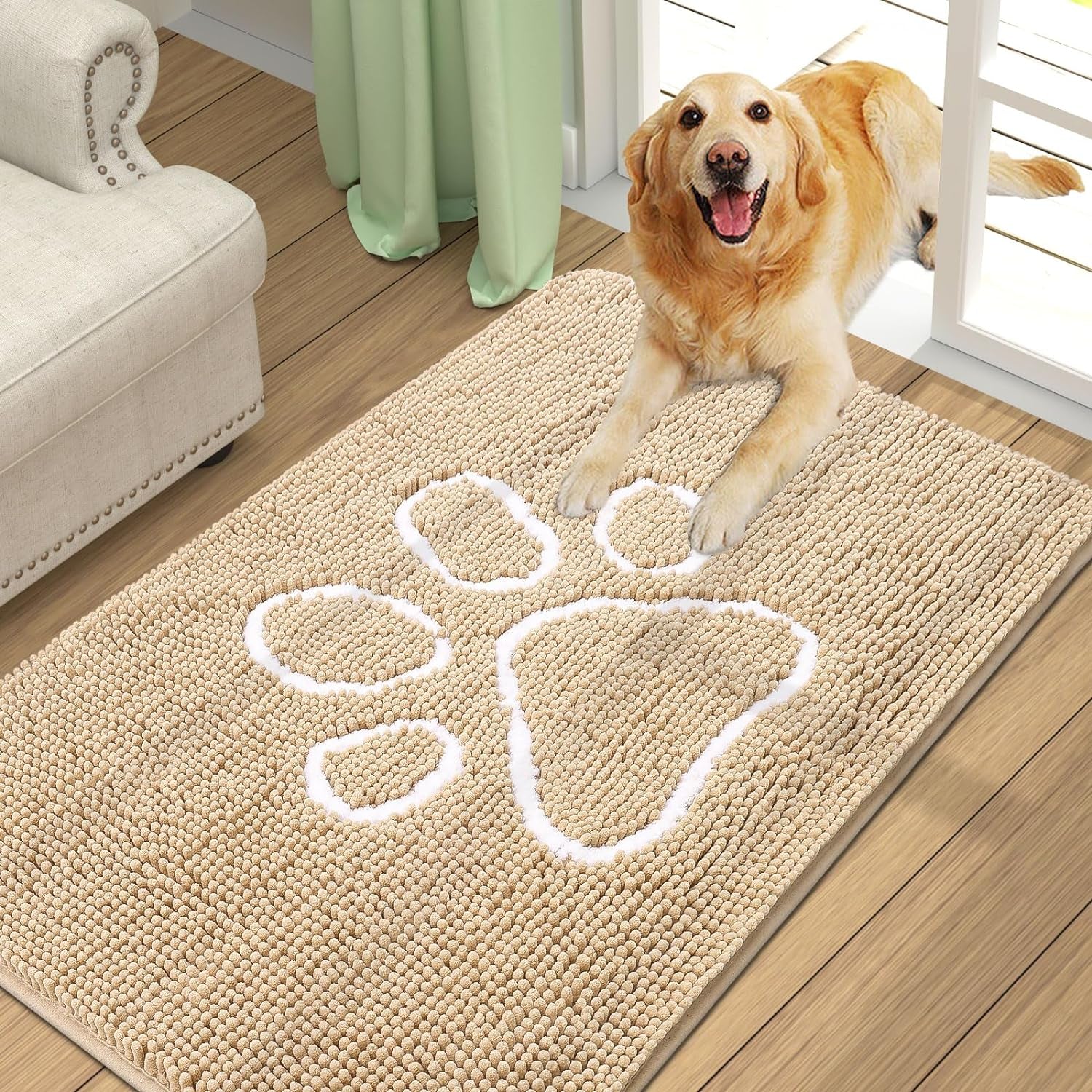 Absorbent Dog Door Mat for Muddy Paws, Non-Slip & Quick Dry Chenille, Washable, Traps Dirt & Moisture