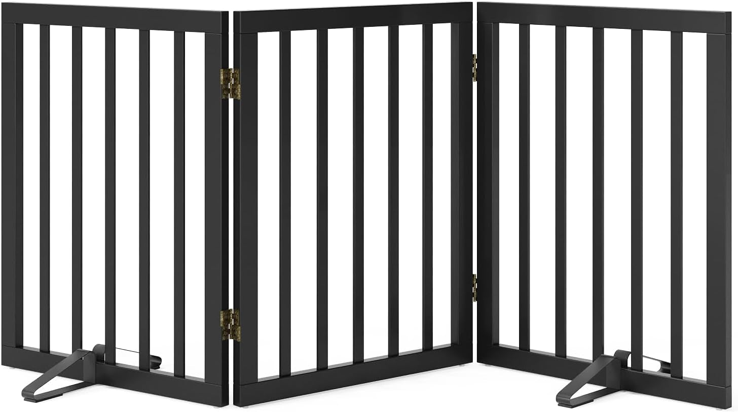 Wooden Foldable Dog Gate, Freestanding Multi-Panel Indoor Pet Gate, Extra Wide 24" Tall Dog Barrier