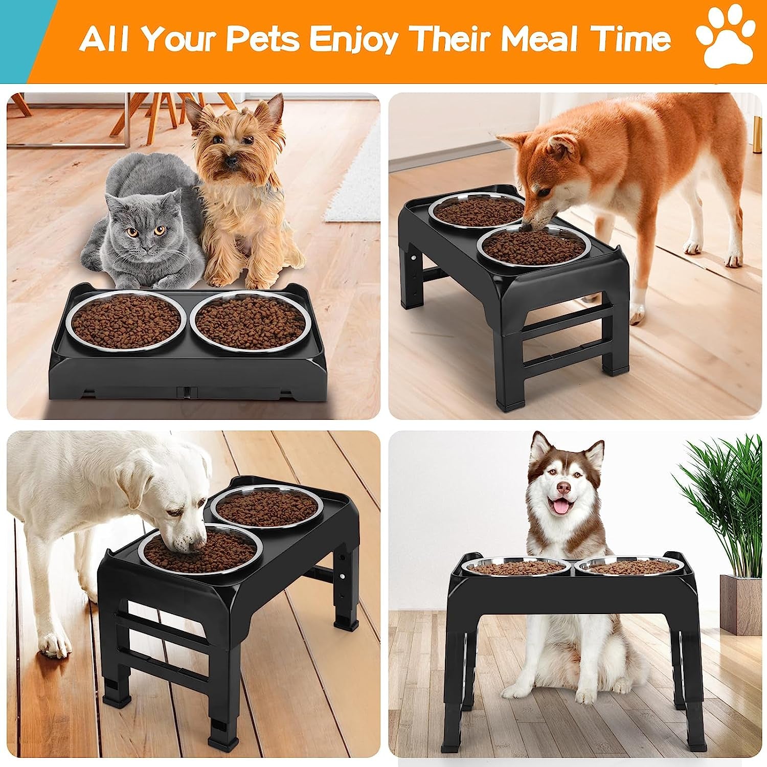 Adjustable Height Elevated Dog Bowls: 2 Thick 50Oz Stainless Bowls for Large & Medium Dogs, Black