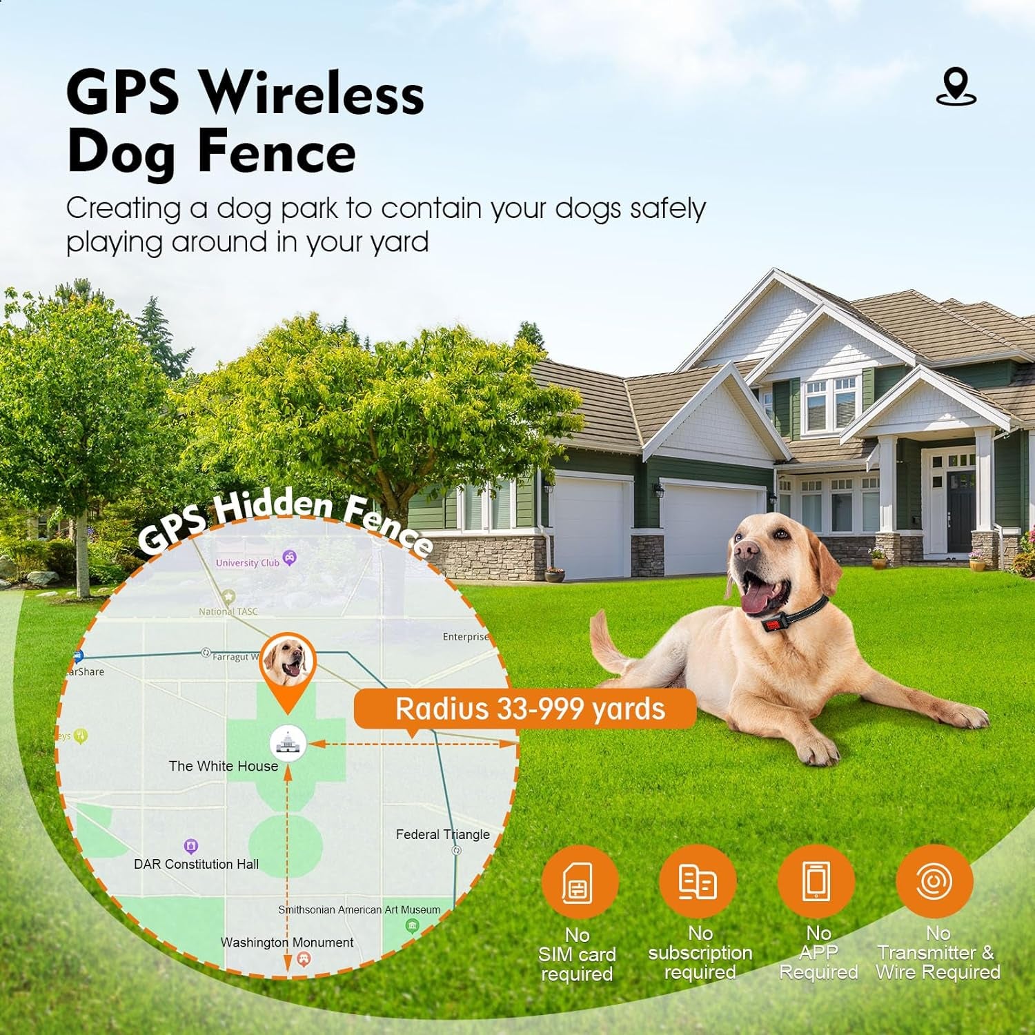 Electric Fence with GPS Dog Collar – Adjustable Smart Wireless Dog Fence System, Waterproof, 33-999 Yard Range for Most Dog Breeds