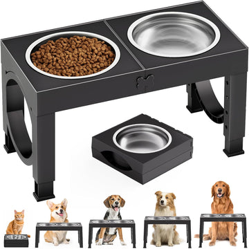 Adjustable Elevated Dog Bowls - 4 Heights, 2 Thick Stainless Steel Bowls for Medium to Large Dogs