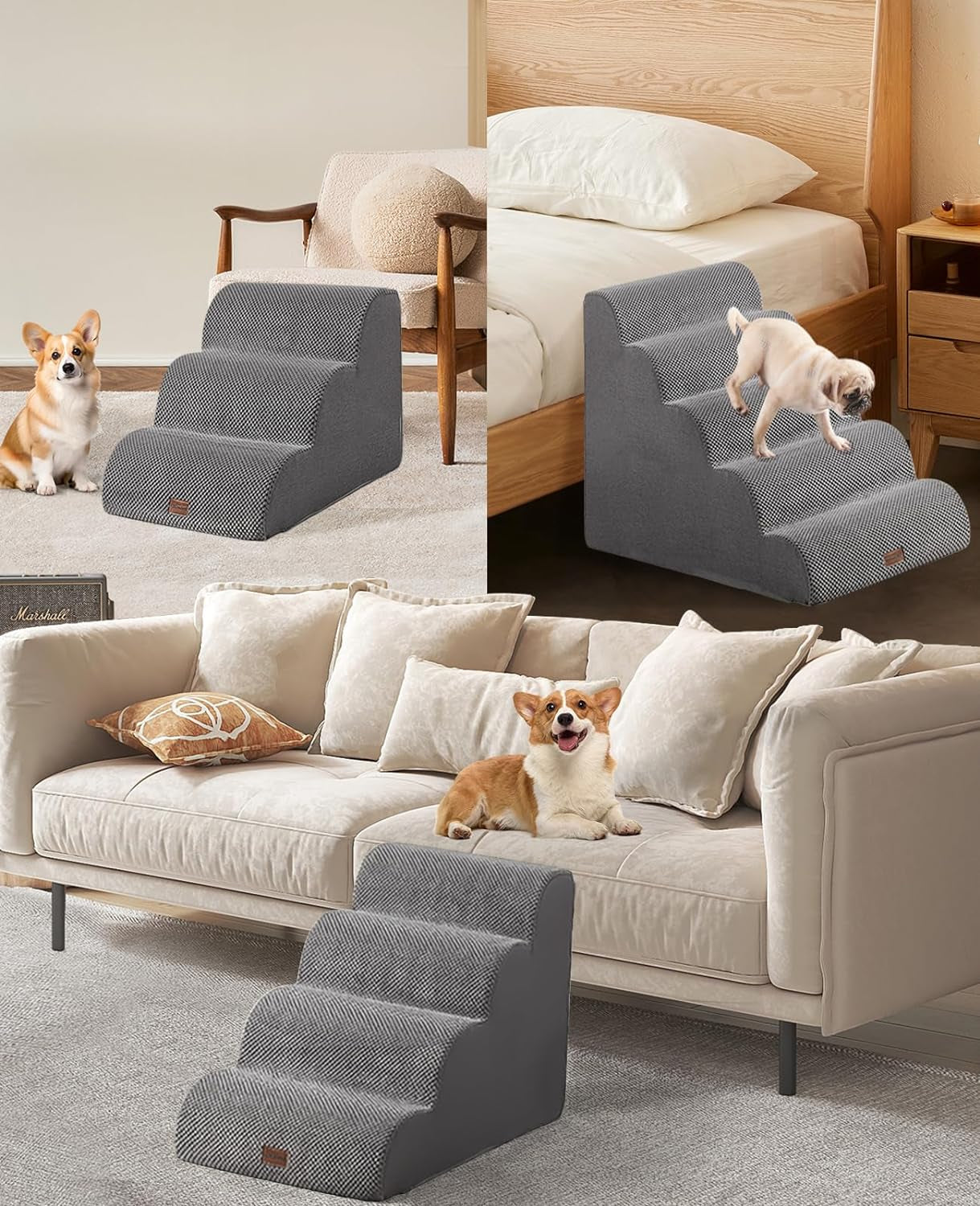 Dog Stairs 3-Step, Non-Slip for Small Dogs - Access Bed, Couch Easily - Indoor/Outdoor
