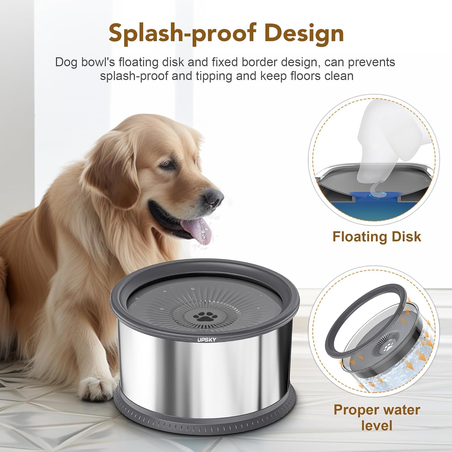 UPSKY Dog Water Bowl, 6.5L, No-Spill, Stainless Steel, Anti-Slip Mat - Large, Grey