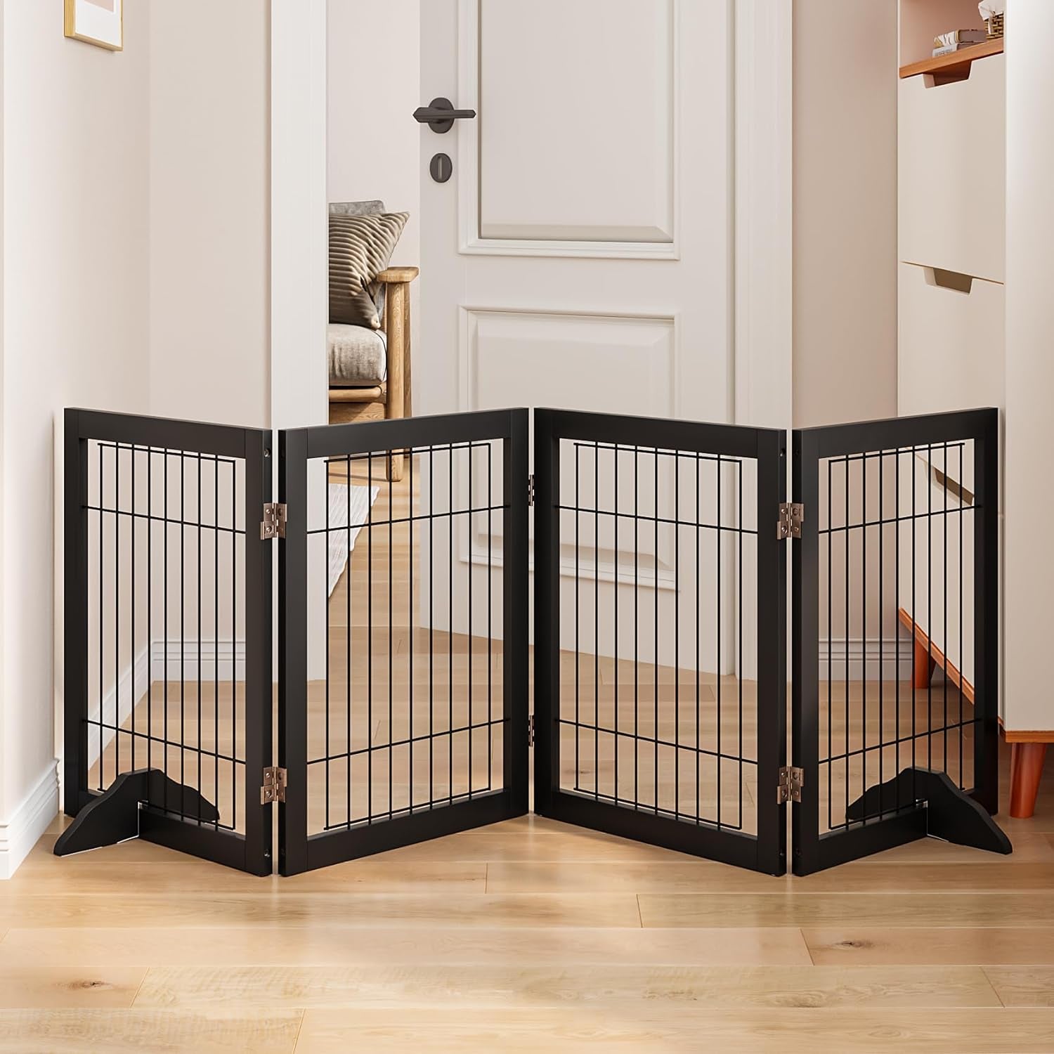Wooden Foldable Dog Gate, Freestanding Multi-Panel Indoor Pet Gate, Extra Wide 24" Tall Dog Barrier