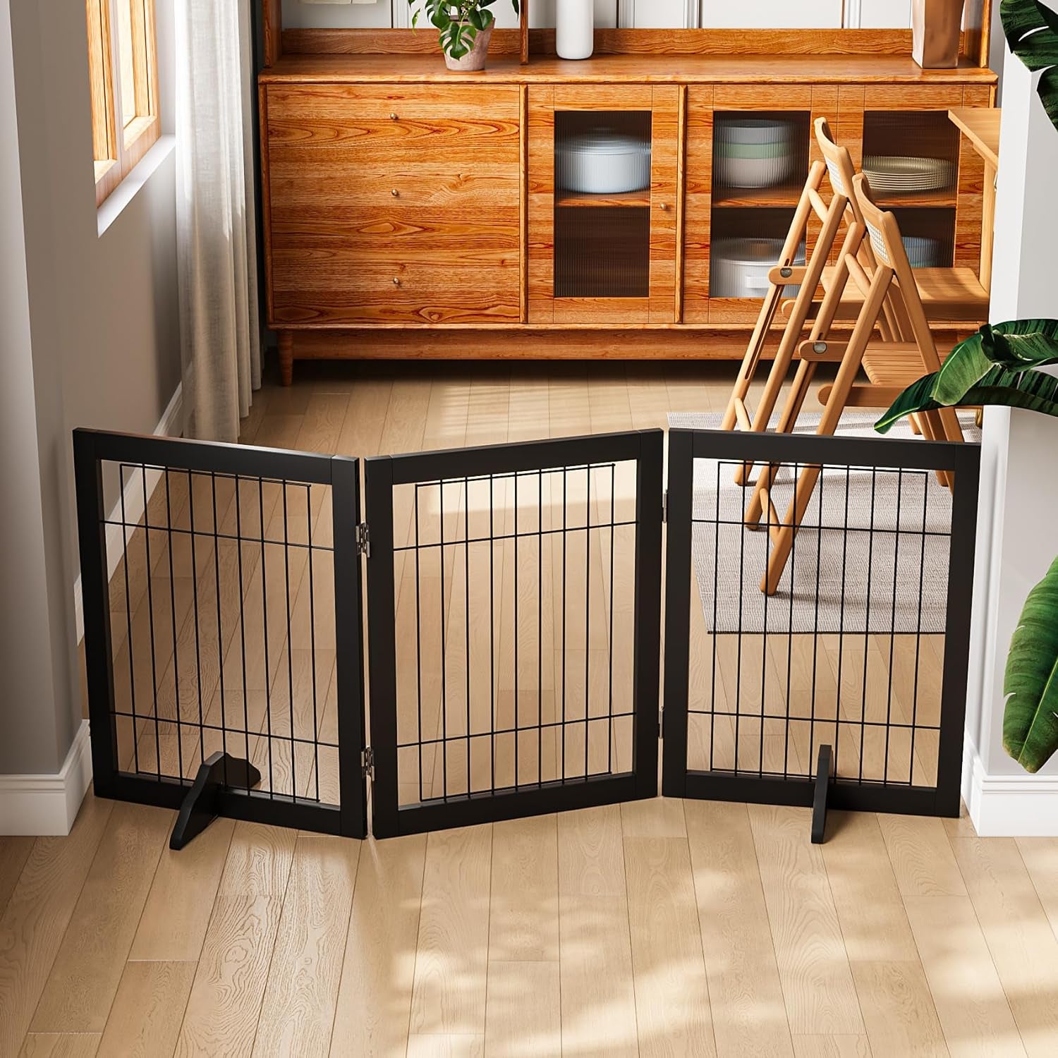 Wooden Foldable Dog Gate, Freestanding Multi-Panel Indoor Pet Gate, Extra Wide 24" Tall Dog Barrier