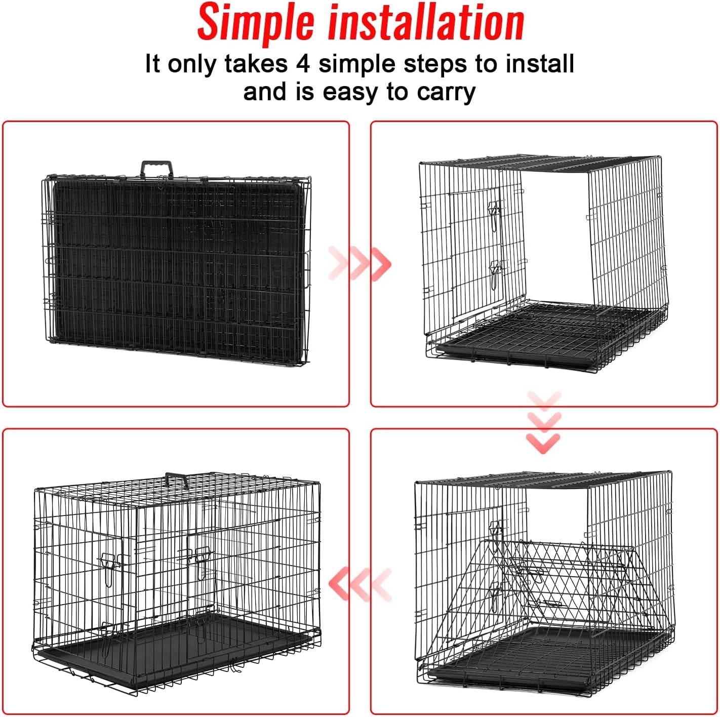 FDW Folding Metal Dog Crate with Double Door, Divider Panel & Leak-Proof Tray - Portable Kennel for Large Dogs,