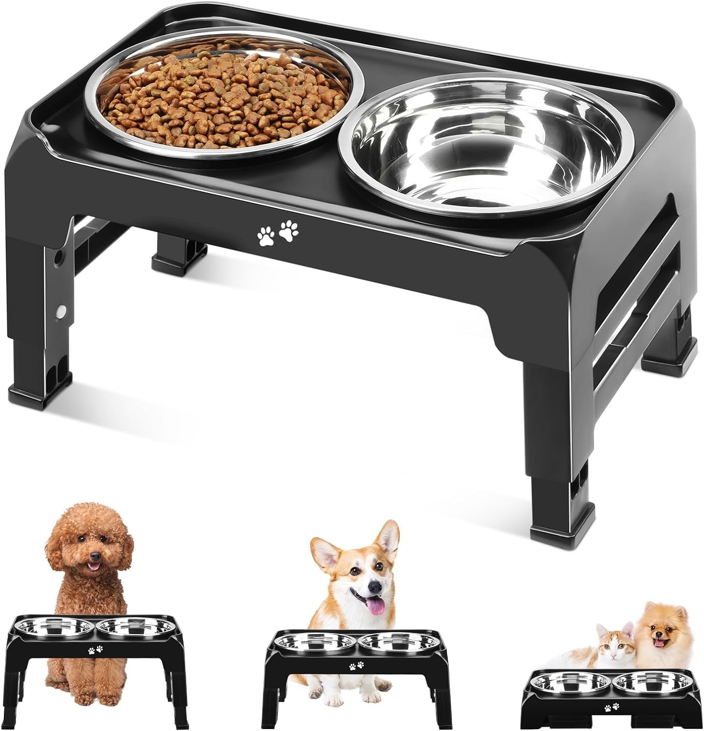 Adjustable Height Elevated Dog Bowls: 2 Thick 50Oz Stainless Bowls for Large & Medium Dogs, Black