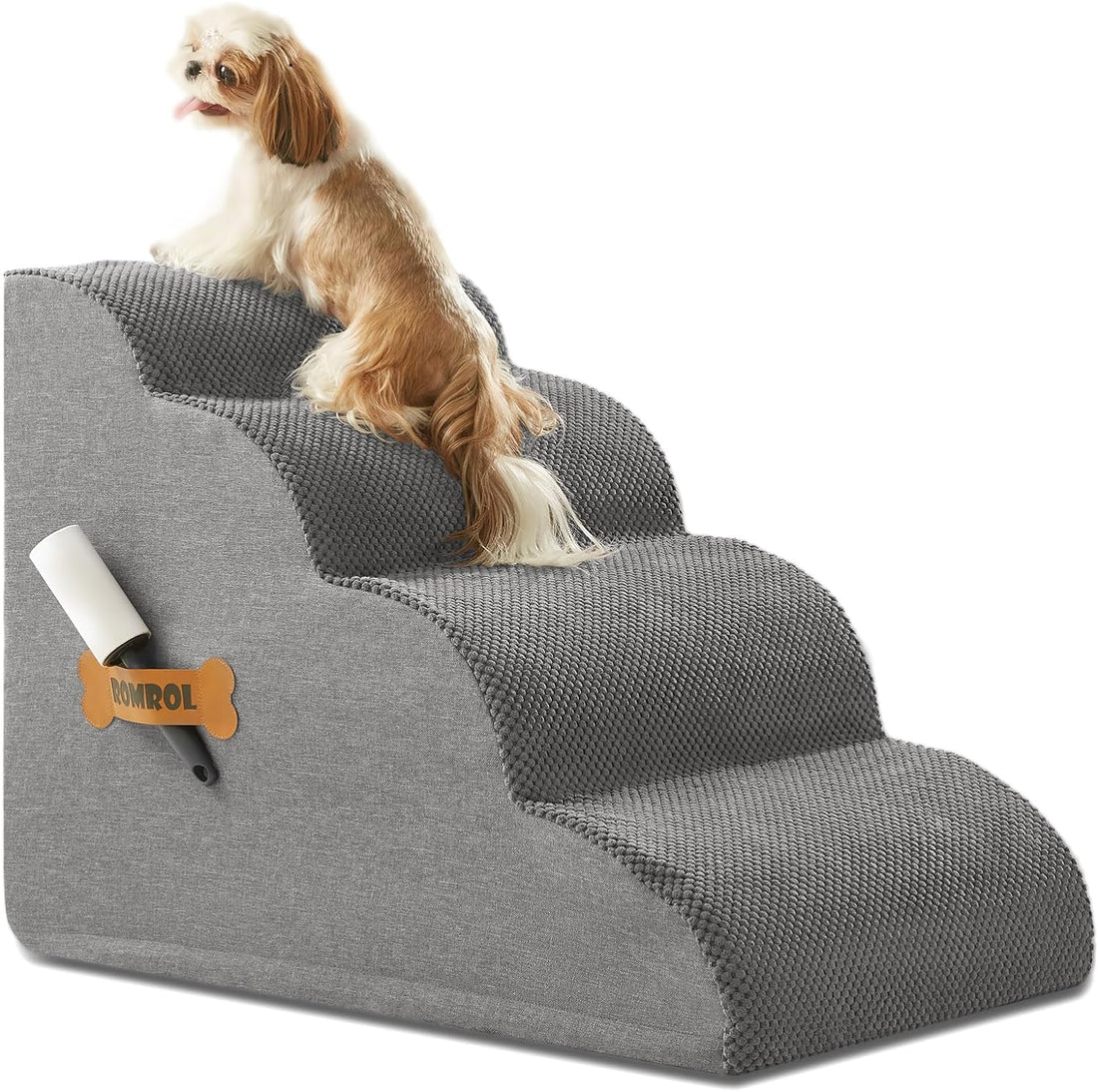 Romrol 4-Tier Dog Stairs: Non-Slip, Waterproof Fabric Cover, Ramp for Pets with Joint Issues, Grey