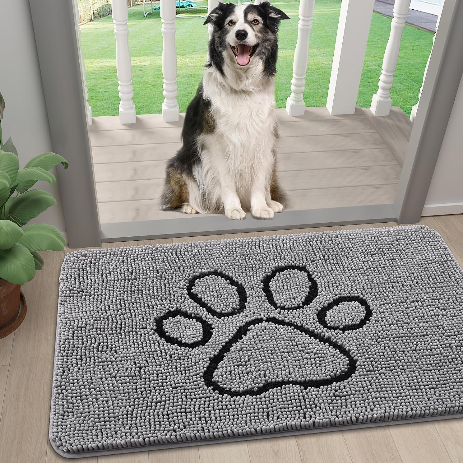 Absorbent Dog Door Mat for Muddy Paws, Non-Slip & Quick Dry Chenille, Washable, Traps Dirt & Moisture