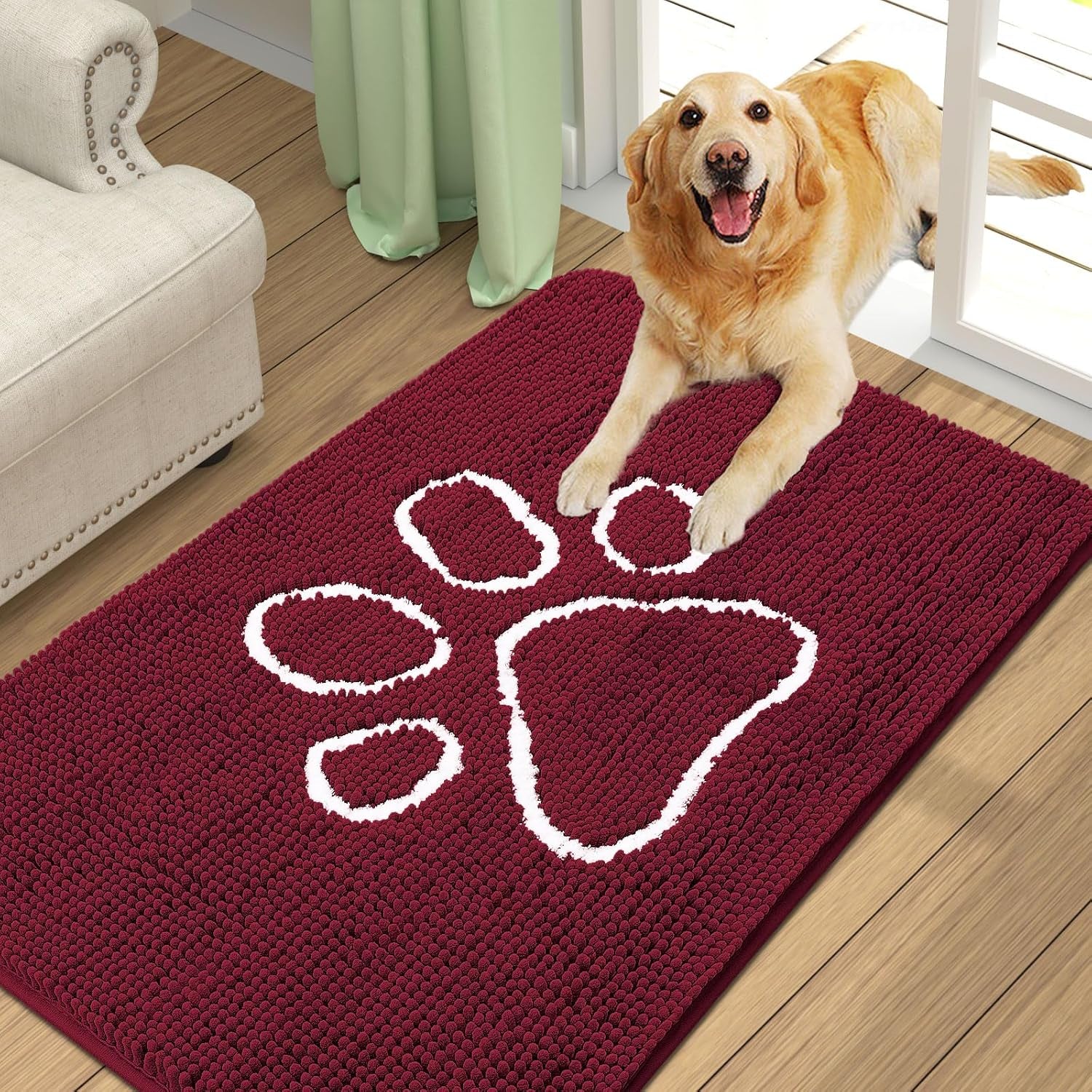 Absorbent Dog Door Mat for Muddy Paws, Non-Slip & Quick Dry Chenille, Washable, Traps Dirt & Moisture