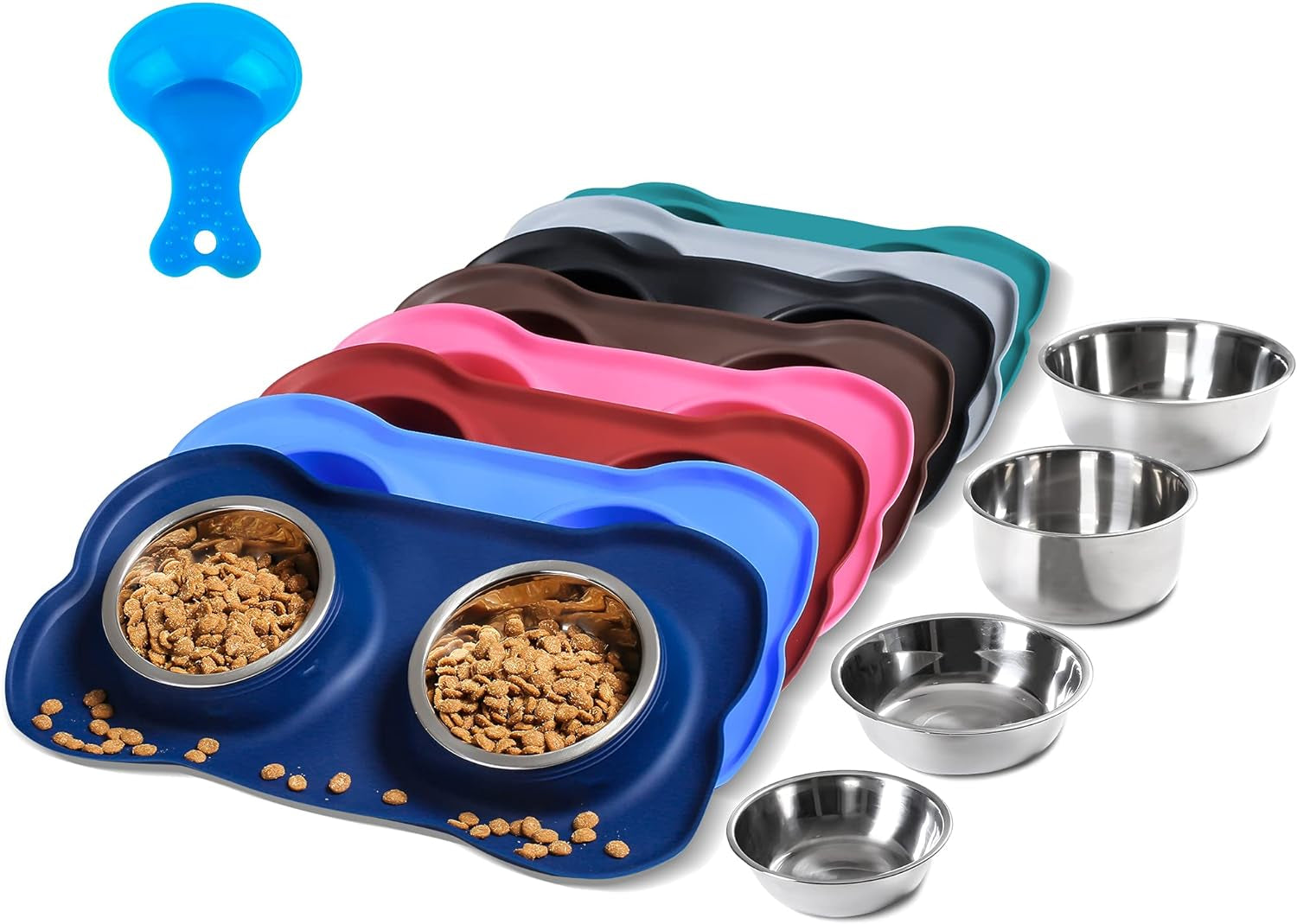 Hubulk 2 Stainless Steel Dog Bowls with Non-Skid Silicone Mat - Small, Pink, Includes Food Scoop