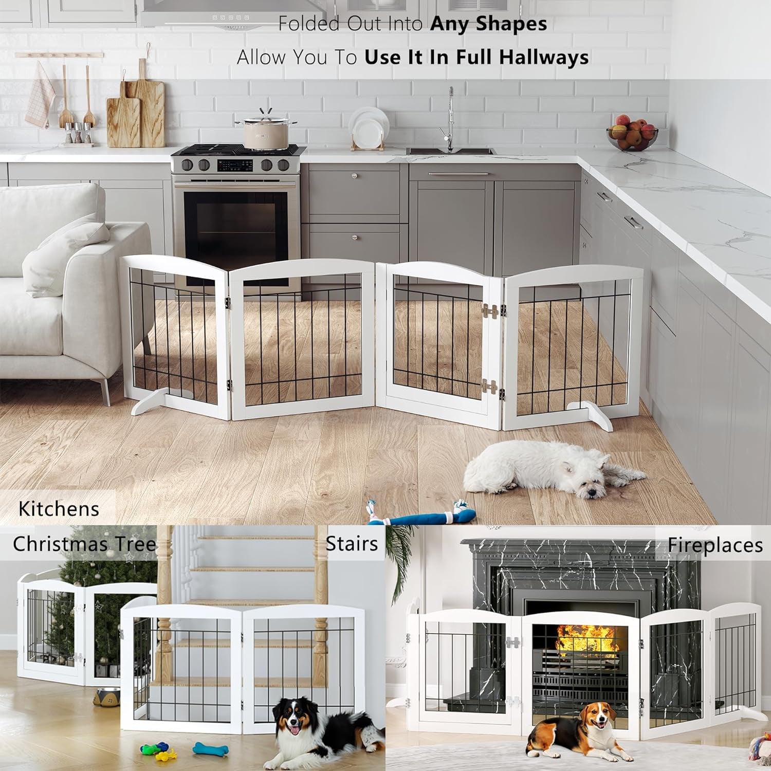 3-Panel Foldable White Wooden Dog Gate - Free Standing Indoor Barrier for Stairs & Doorways, Easy to Step Over