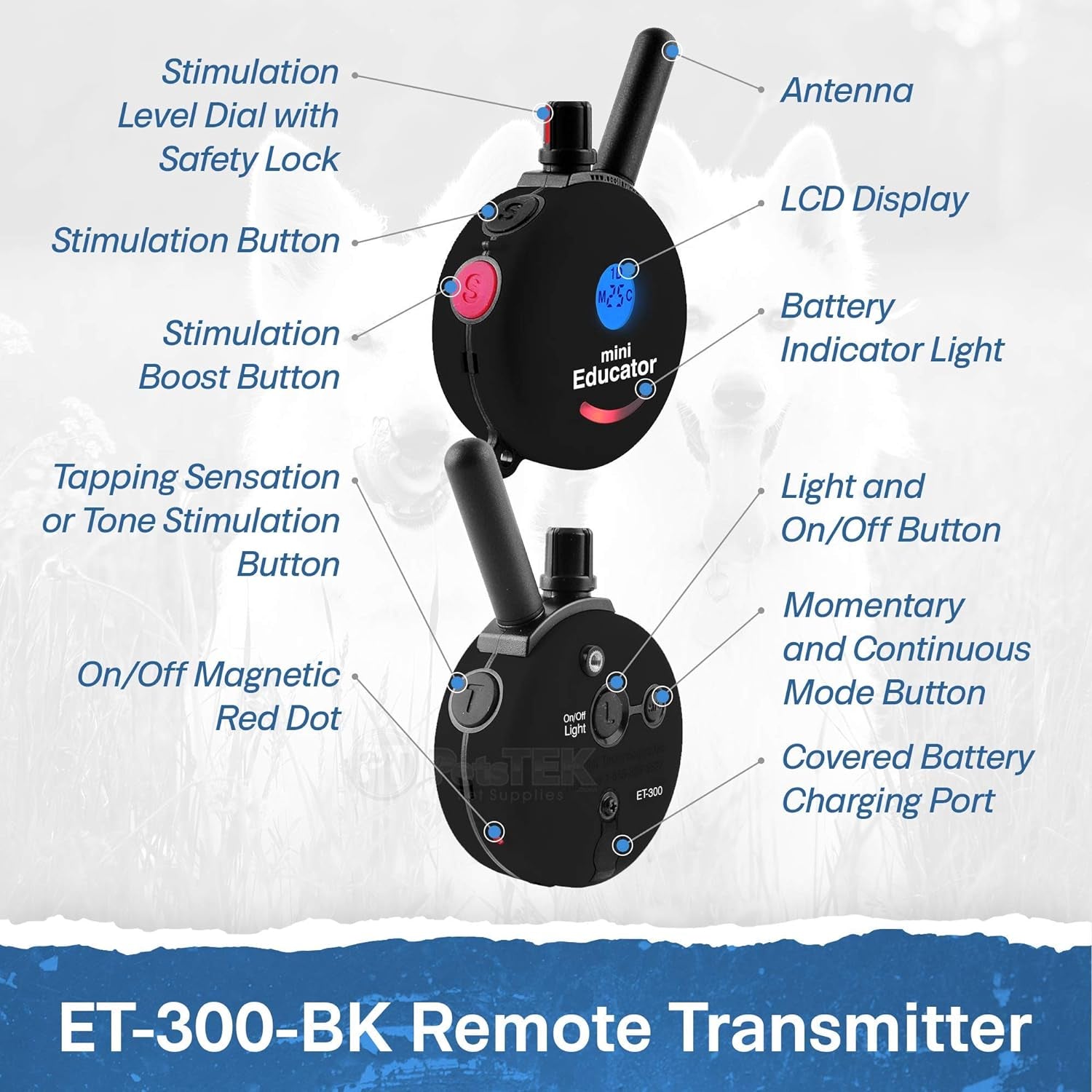 Educator ET-300 Black Ecollar, 1/2 Mile Range, 100 Levels, Waterproof, with Training Clicker