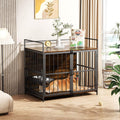 ROOMTEC Furniture Style Large Dog Crate with 360° Adjustable Feeder - Classic Brown End Table Crate with 2 Stainless Steel Bowls, 41