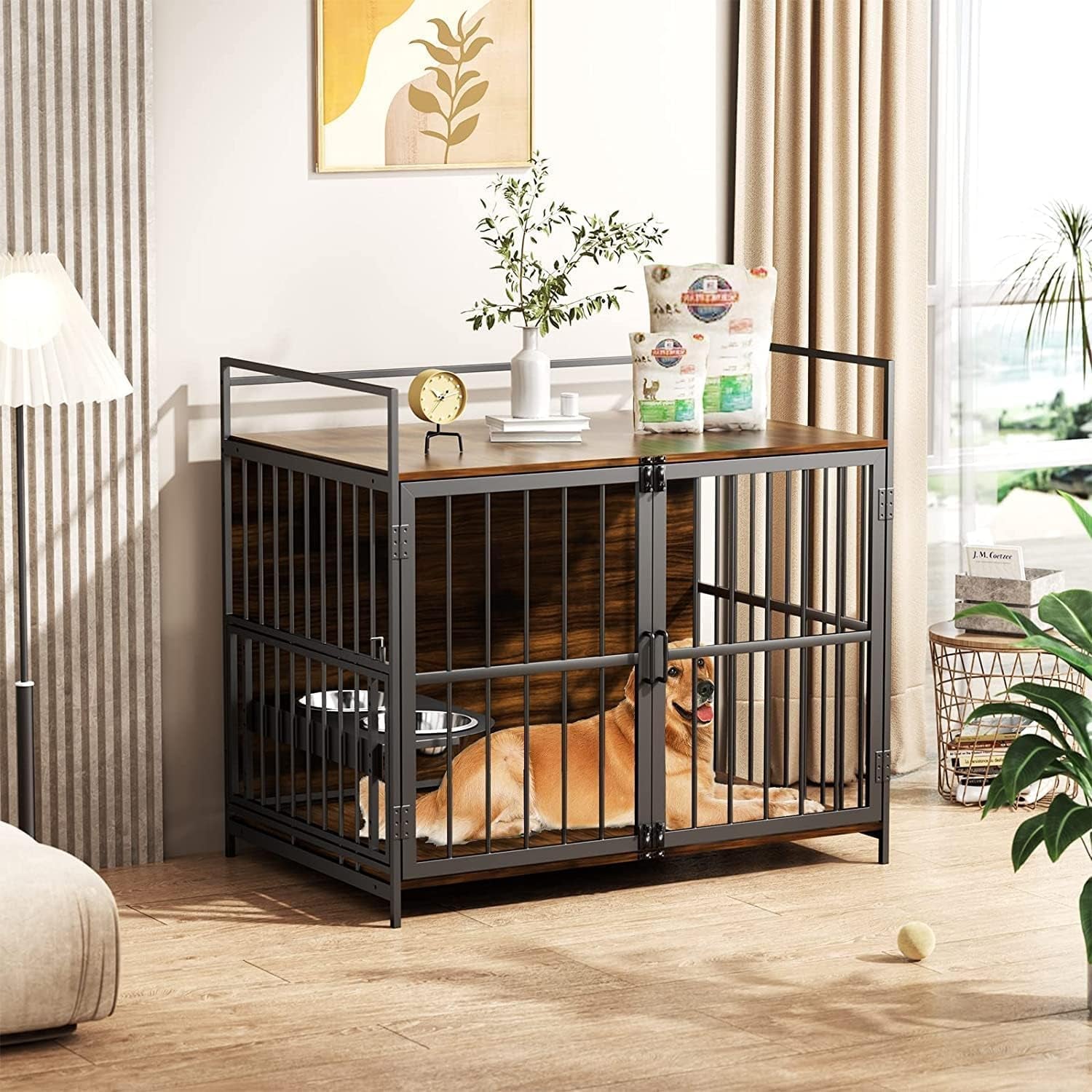 ROOMTEC Furniture Style Large Dog Crate with 360° Adjustable Feeder - Classic Brown End Table Crate with 2 Stainless Steel Bowls, 41"x24"x36"