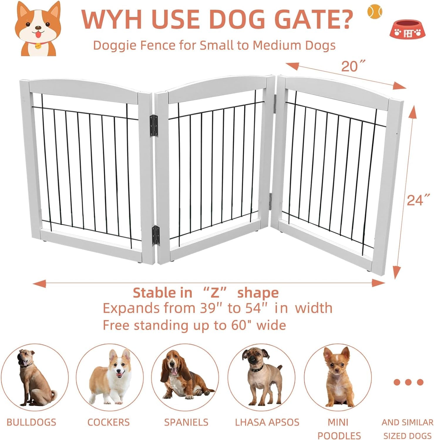 Freestanding Foldable Dog Gate - Extra Wide 3 Panel Wooden Pet Gate for Indoor Use, Tall Puppy Barrier for Doorways & Stairs