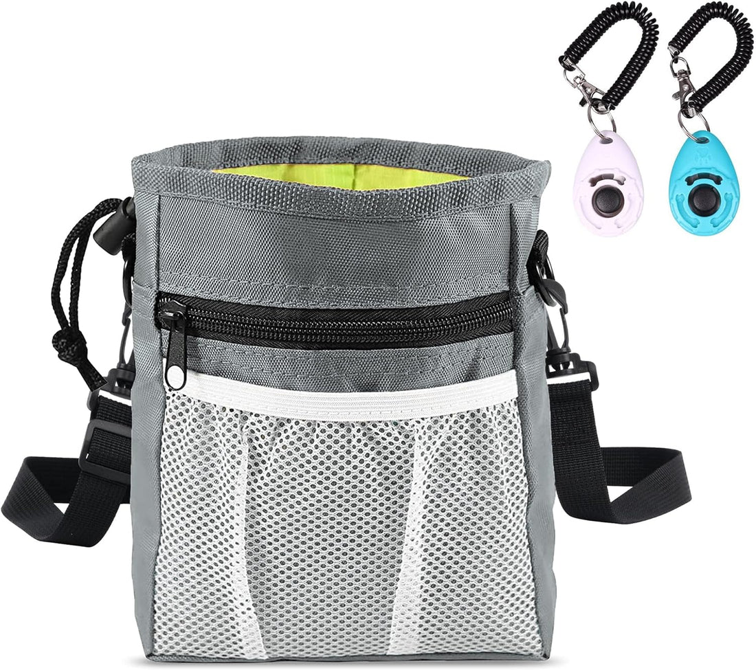 Left&Right Dog Training Kit - Treat Pouch with Clicker, Shoulder Strap, Poop Bag Dispenser, Grey