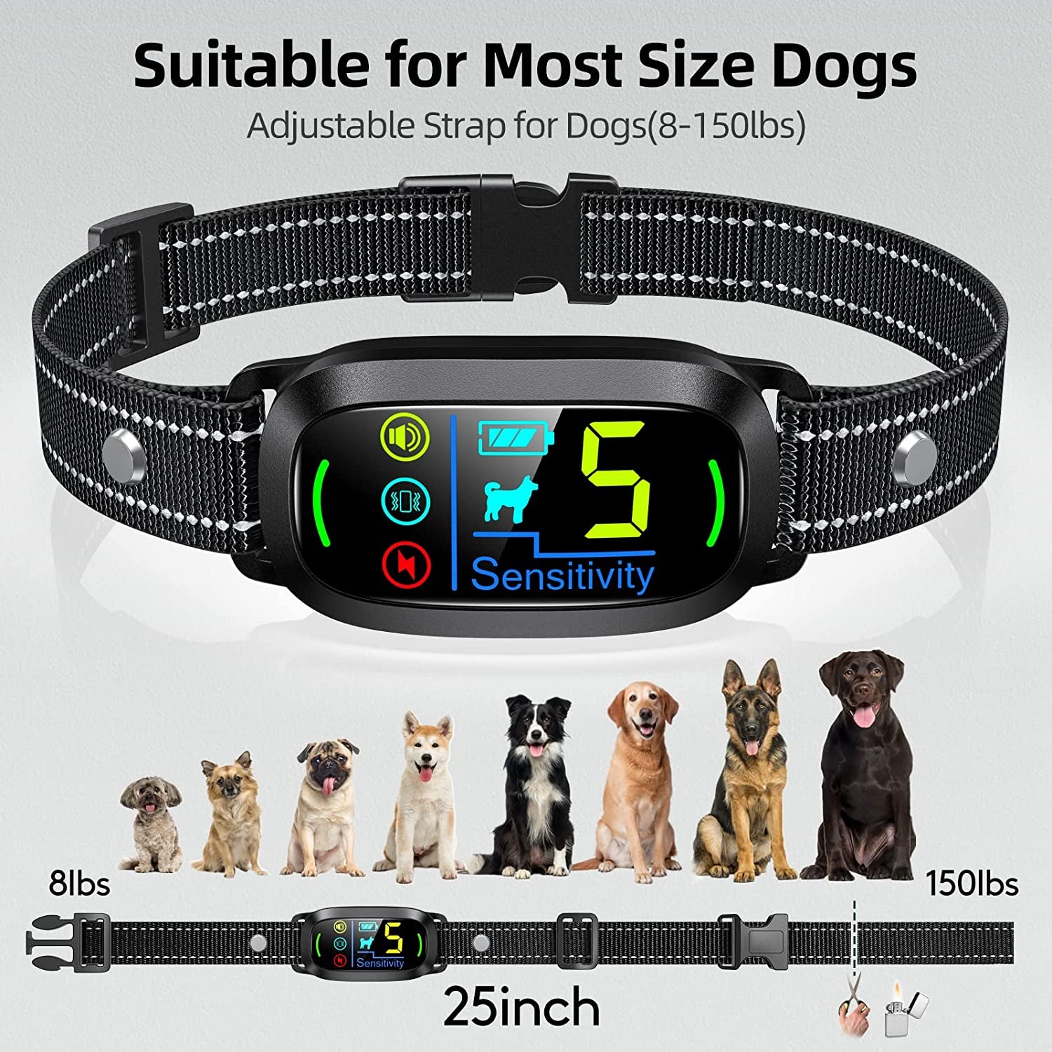 FAFAFROG Smart Dog Bark Collar, Rechargeable, 5-Level Sensitivity, Beep/Vibration/Shock