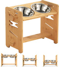 Vantic Adjustable Elevated Dog Bowls - Rustic Brown Particle Board Stand with 2 Stainless Steel Bowls & Non-Slip Feet,