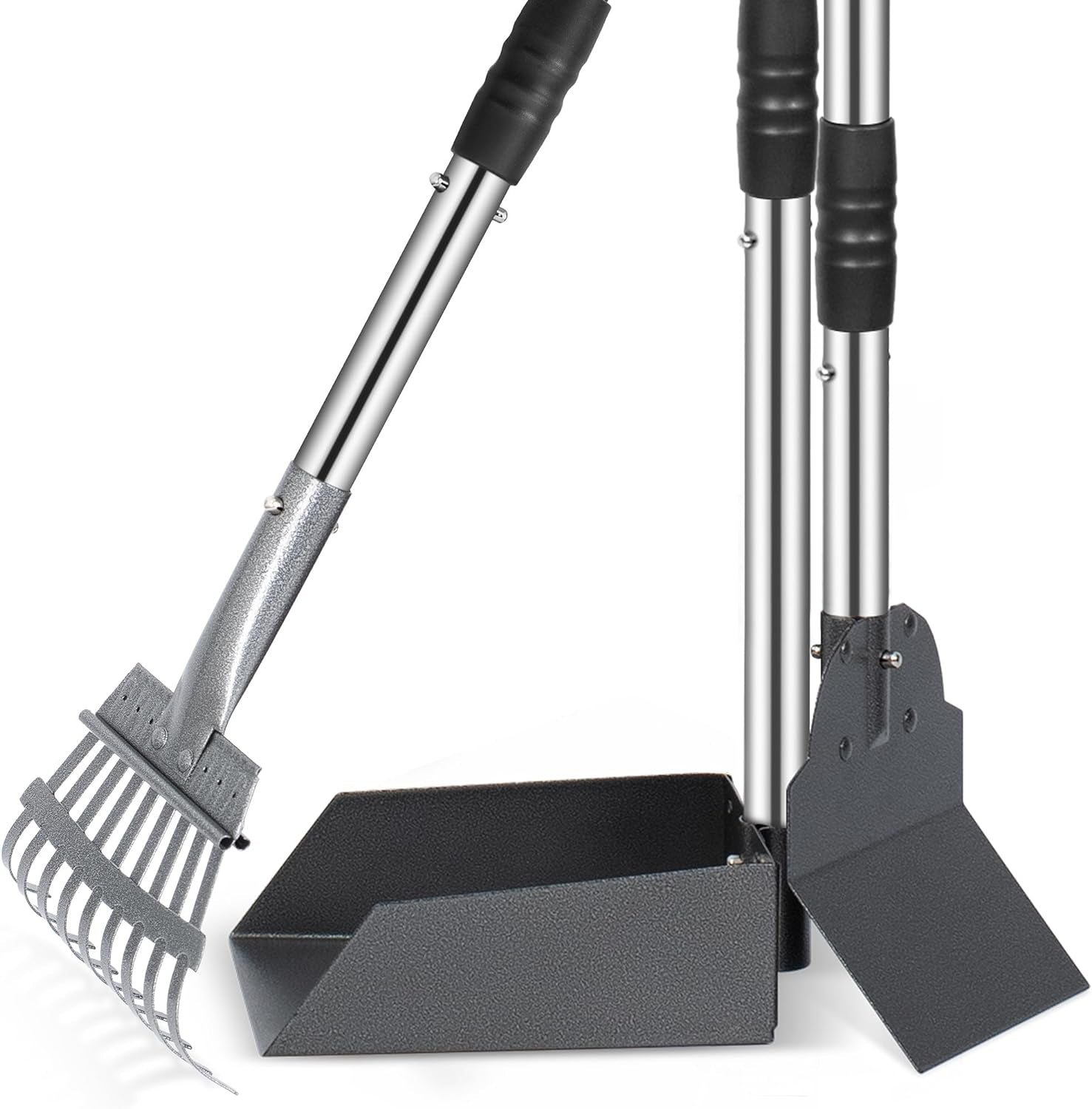 Pooper Scooper Set with Long Adjustable Handles, Dog Poop Tray & Rake, Durable Stainless Steel