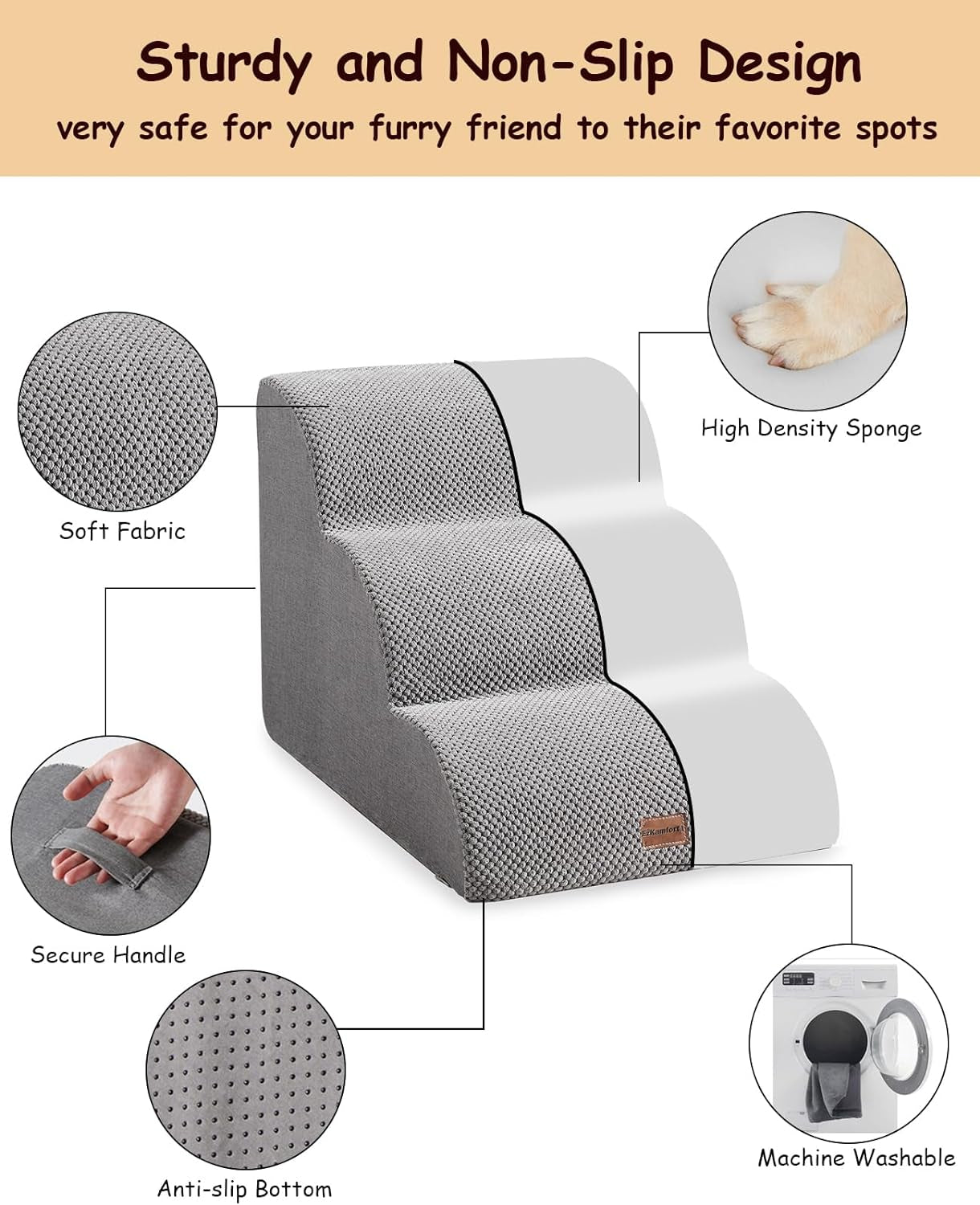 Dog Stairs 3-Step, Non-Slip for Small Dogs - Access Bed, Couch Easily - Indoor/Outdoor