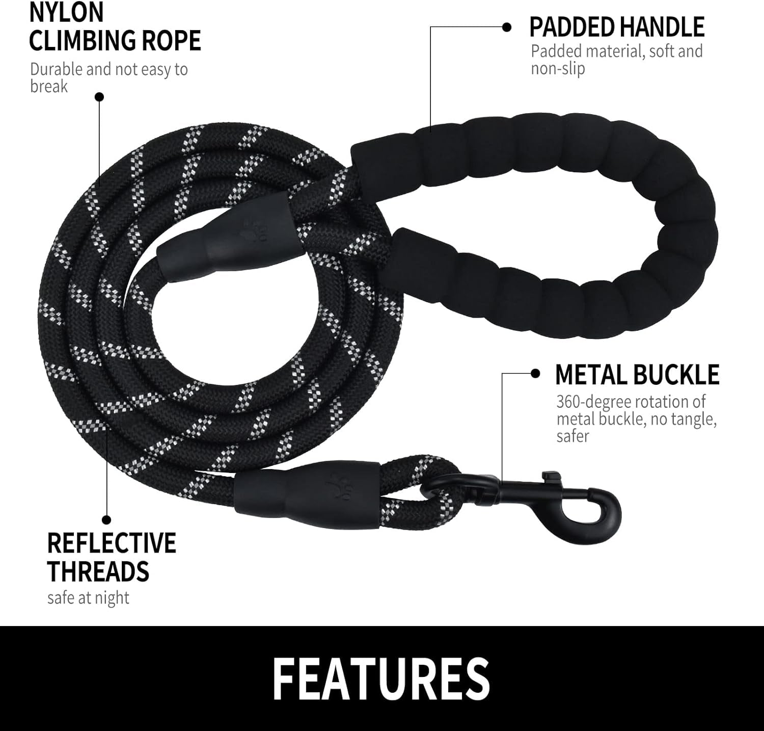 5 to 6FT Strong Dog Leash with Reflective Rope & Soft Padded Handle - Tangle-Free Metal Buckle, Perfect for Night Walking All Dog Sizes