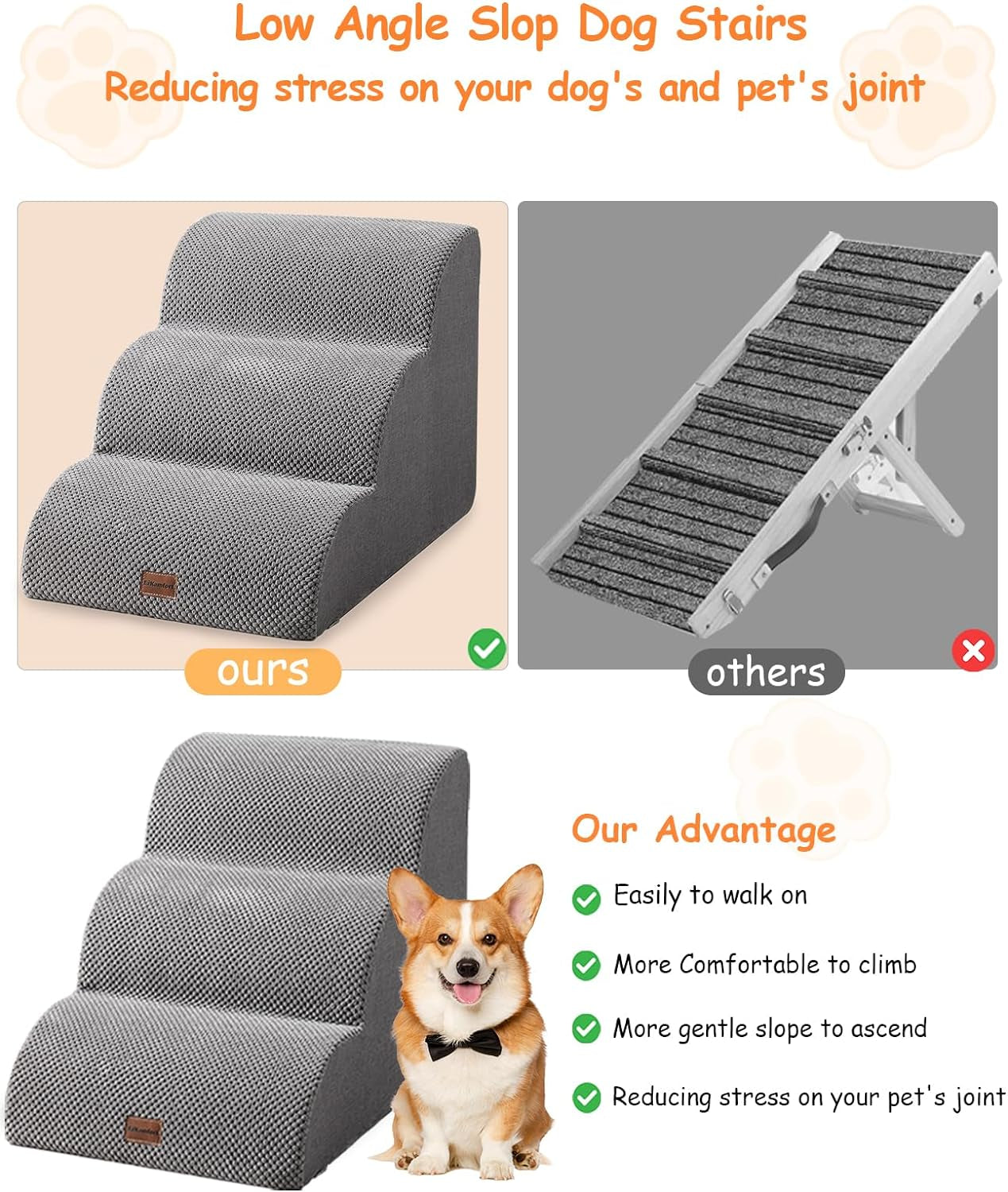 Dog Stairs 3-Step, Non-Slip for Small Dogs - Access Bed, Couch Easily - Indoor/Outdoor