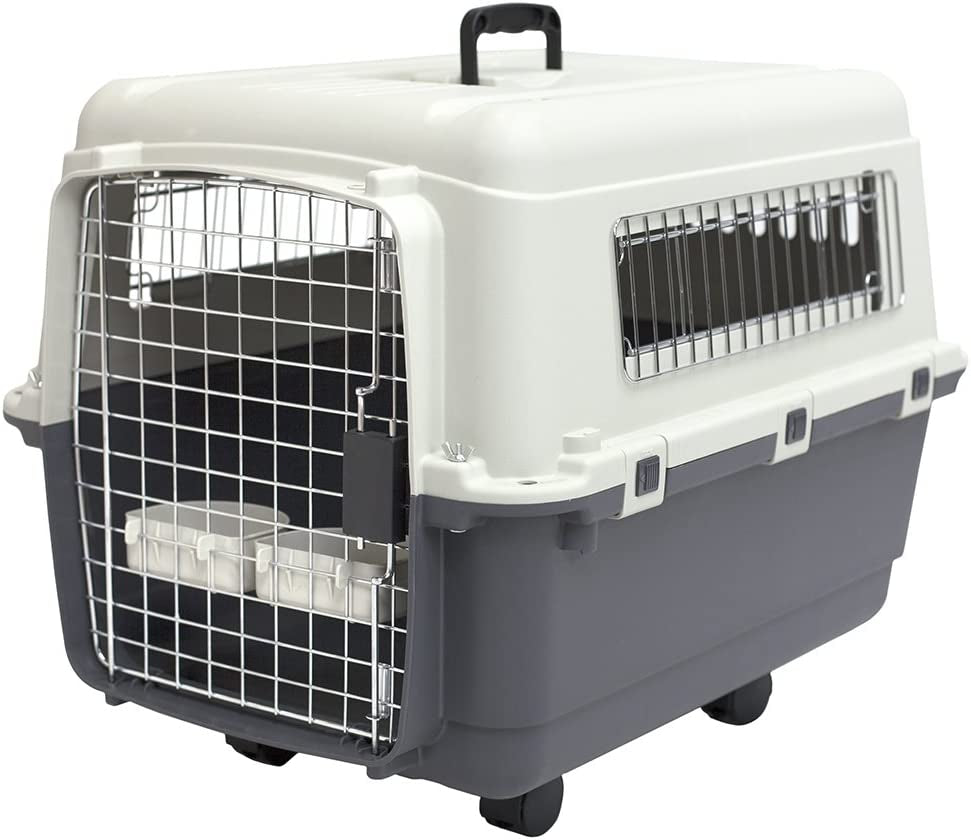 Sportpet Rolling Plastic Travel Dog Crate - Medium Gray Kennel with Wire Door, Portable & Durable, Perfect for Safe Pet Travel