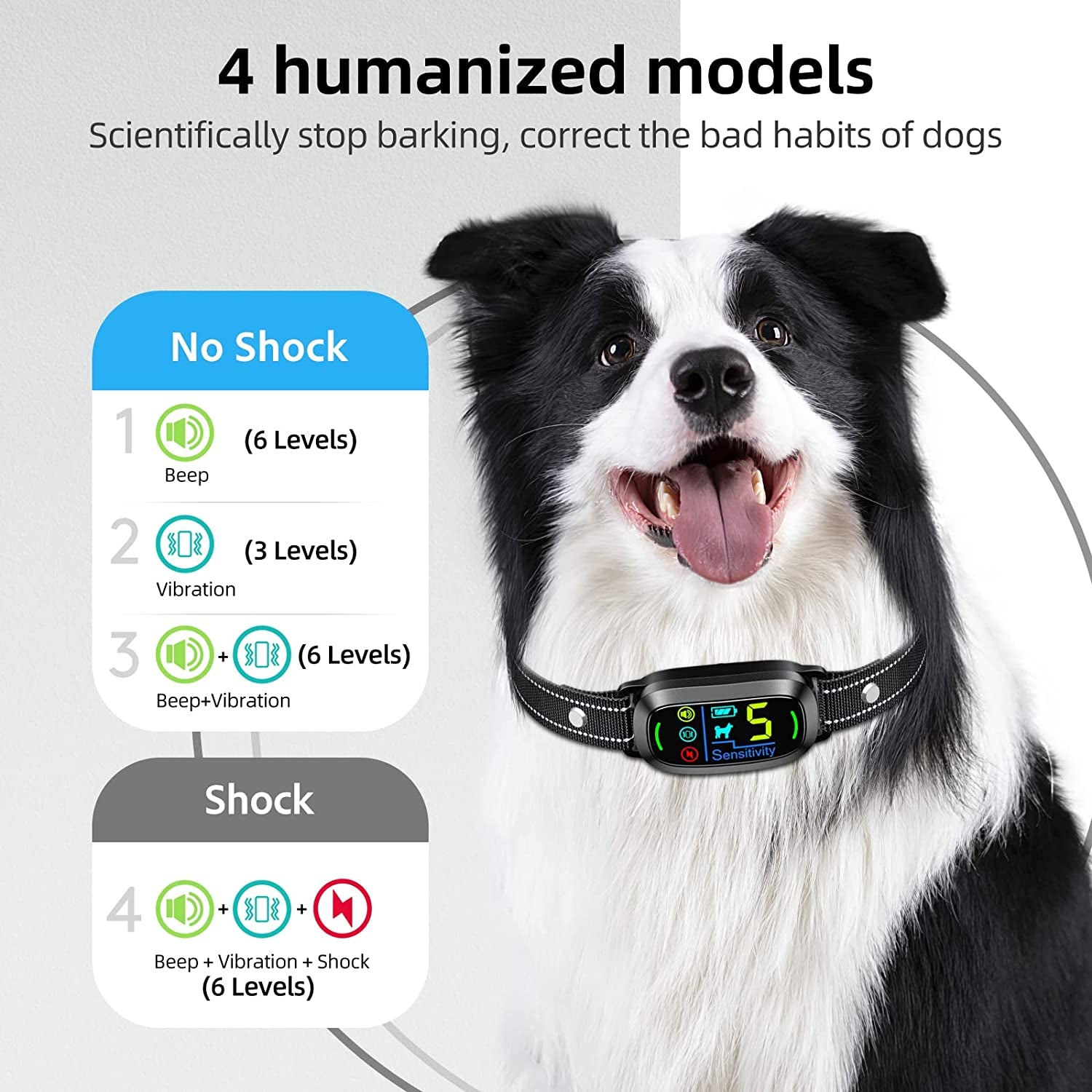 FAFAFROG Smart Dog Bark Collar, Rechargeable, 5-Level Sensitivity, Beep/Vibration/Shock