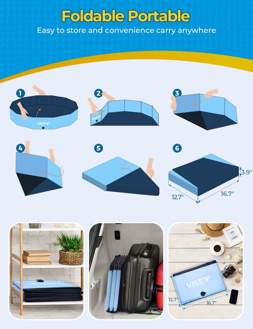 VISTOP XXL Foldable Dog Pool: Hard Plastic, Portable, 67"D x 11.8"H, Blue