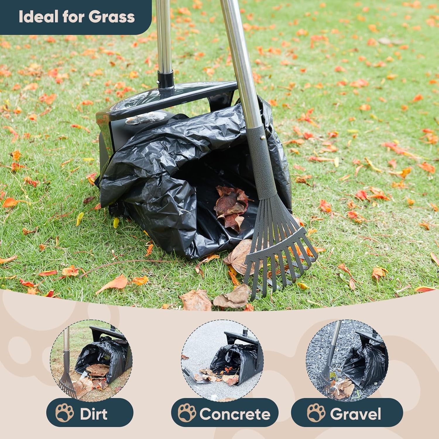 Dog Pooper Scooper with 40" Long Handle, Swivel Bin, Rake & Spade, Heavy-Duty Metal Scoop, 20 Waste Bags & Hook