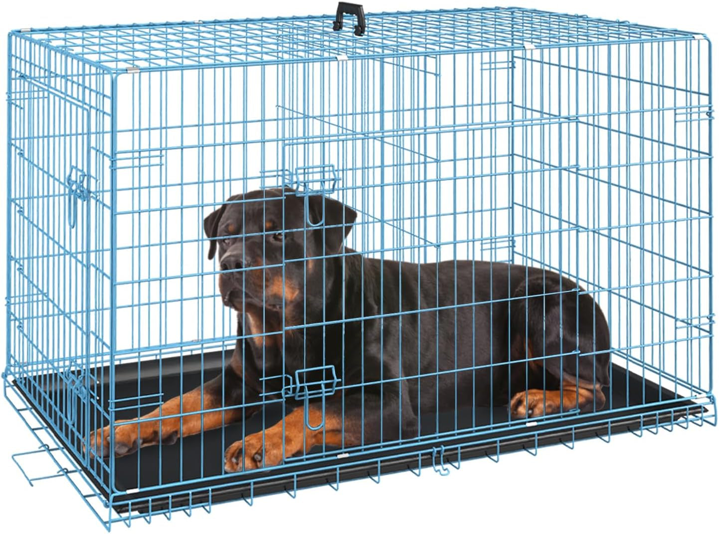 FDW Folding Metal Dog Crate with Double Door, Divider Panel & Leak-Proof Tray - Portable Kennel for Large Dogs,