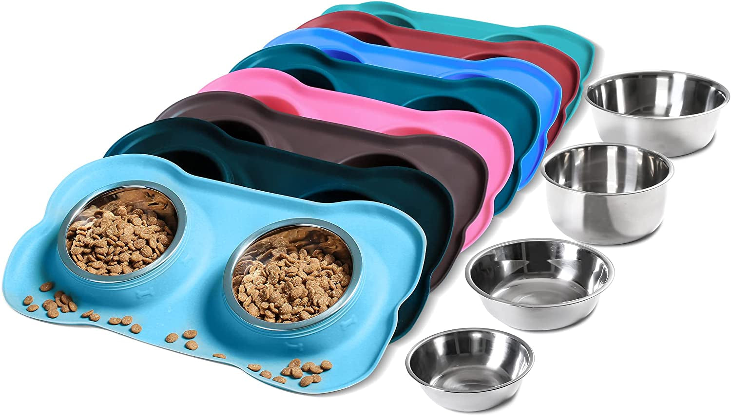 Hubulk 2 Stainless Steel Dog Bowls with Non-Skid Silicone Mat - Small, Pink, Includes Food Scoop