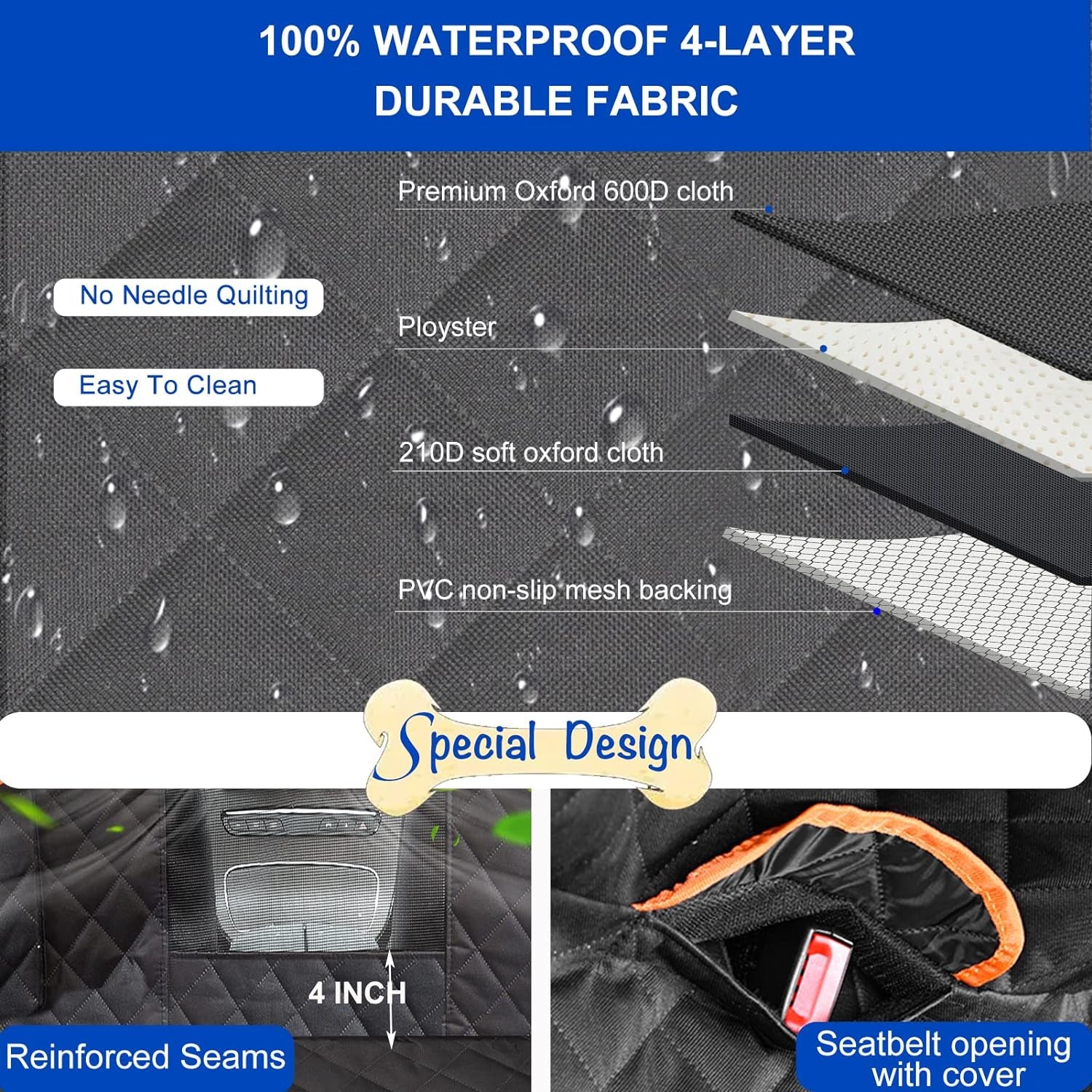 Dog Car Seat Cover for Back Seat - 54" W X 58" L Waterproof, Nonslip, Scratchproof Hammock with Mesh Window
