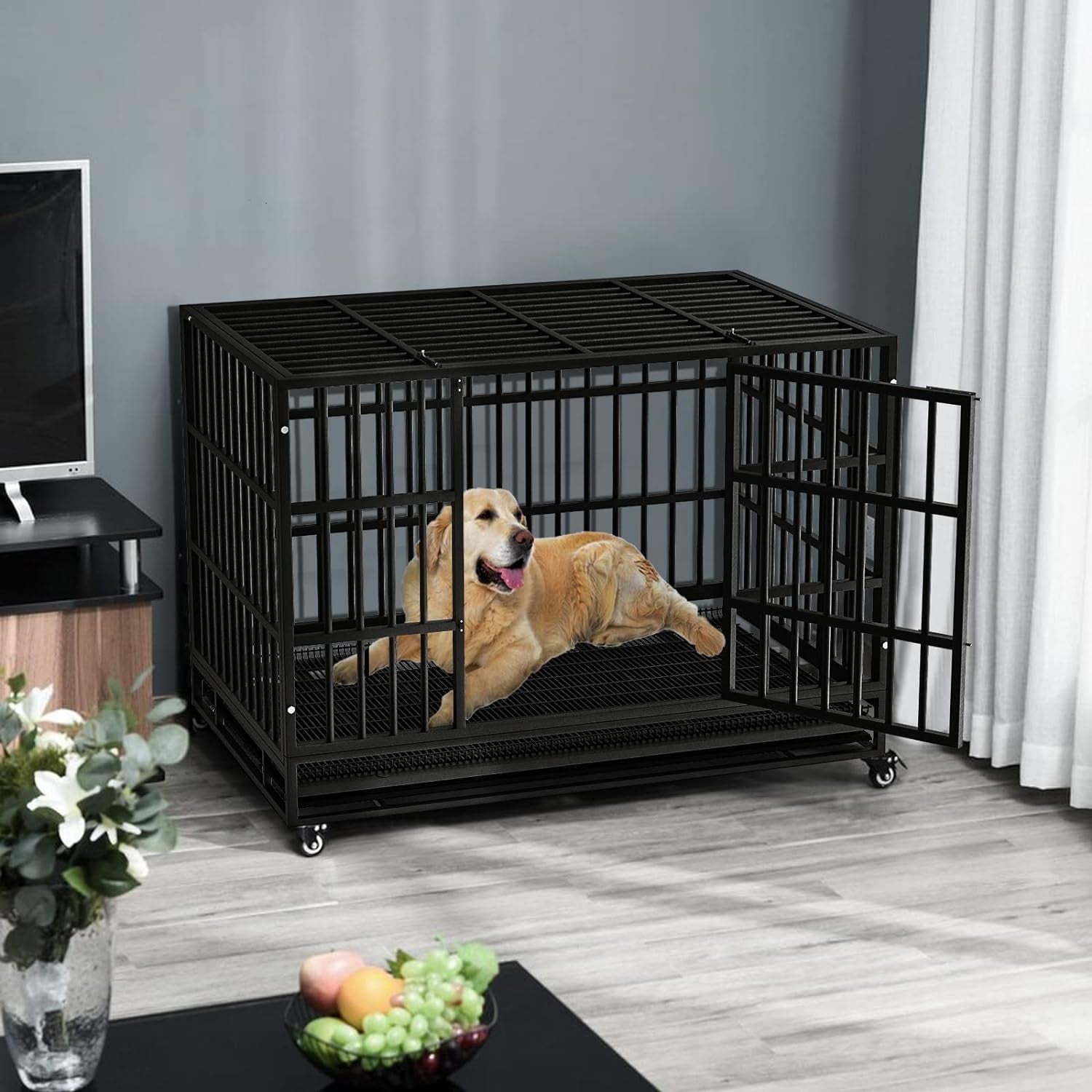 Lemberi Heavy-Duty Dog Crate – Escape-Proof, High-Anxiety Crate with Lockable Wheels, Double Doors, Removable Tray, Extra Large for Indoor Use